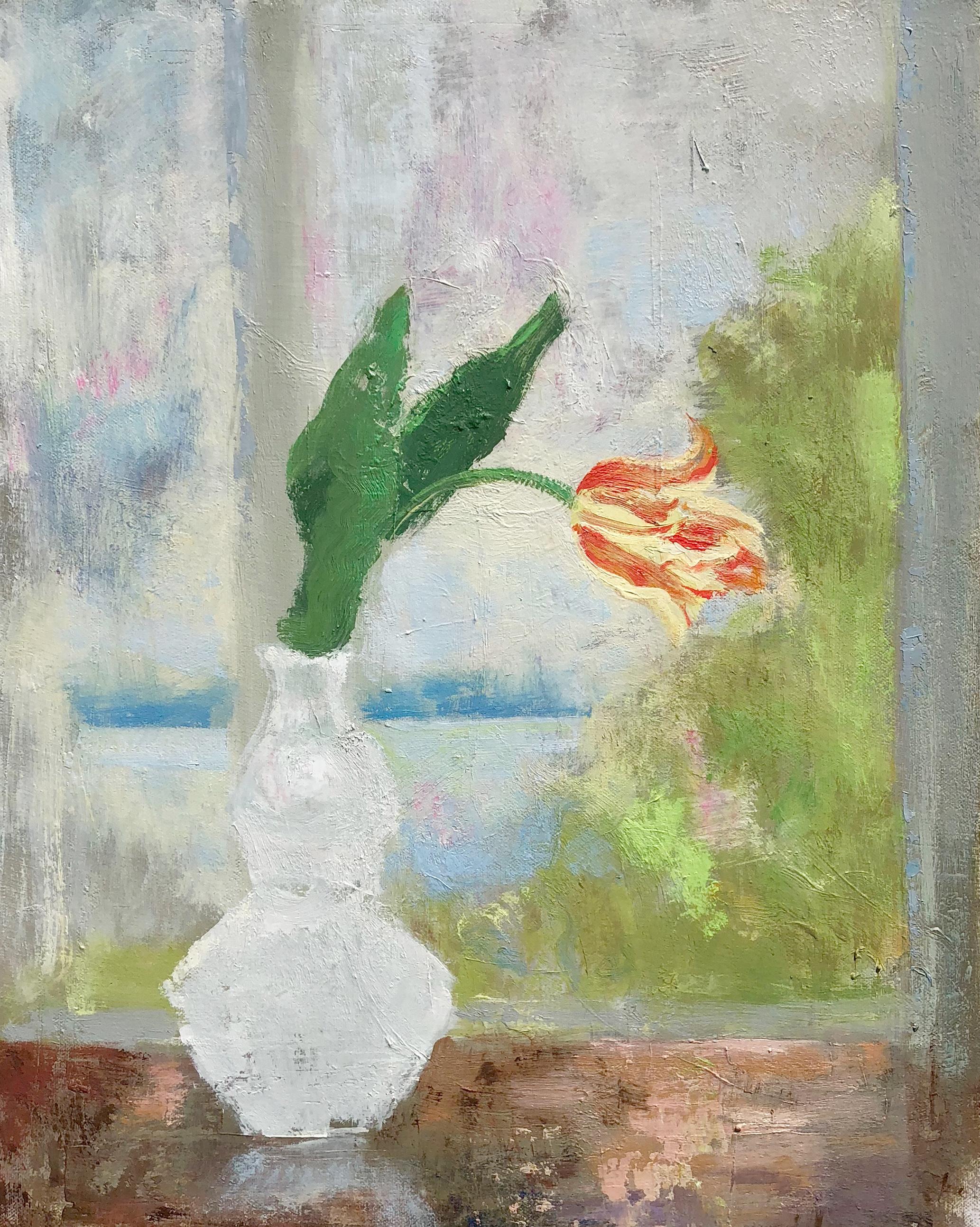 Melanie Parke Still-Life Painting - Tulip Flame, impressionist oil on canvas floral still life, 2019