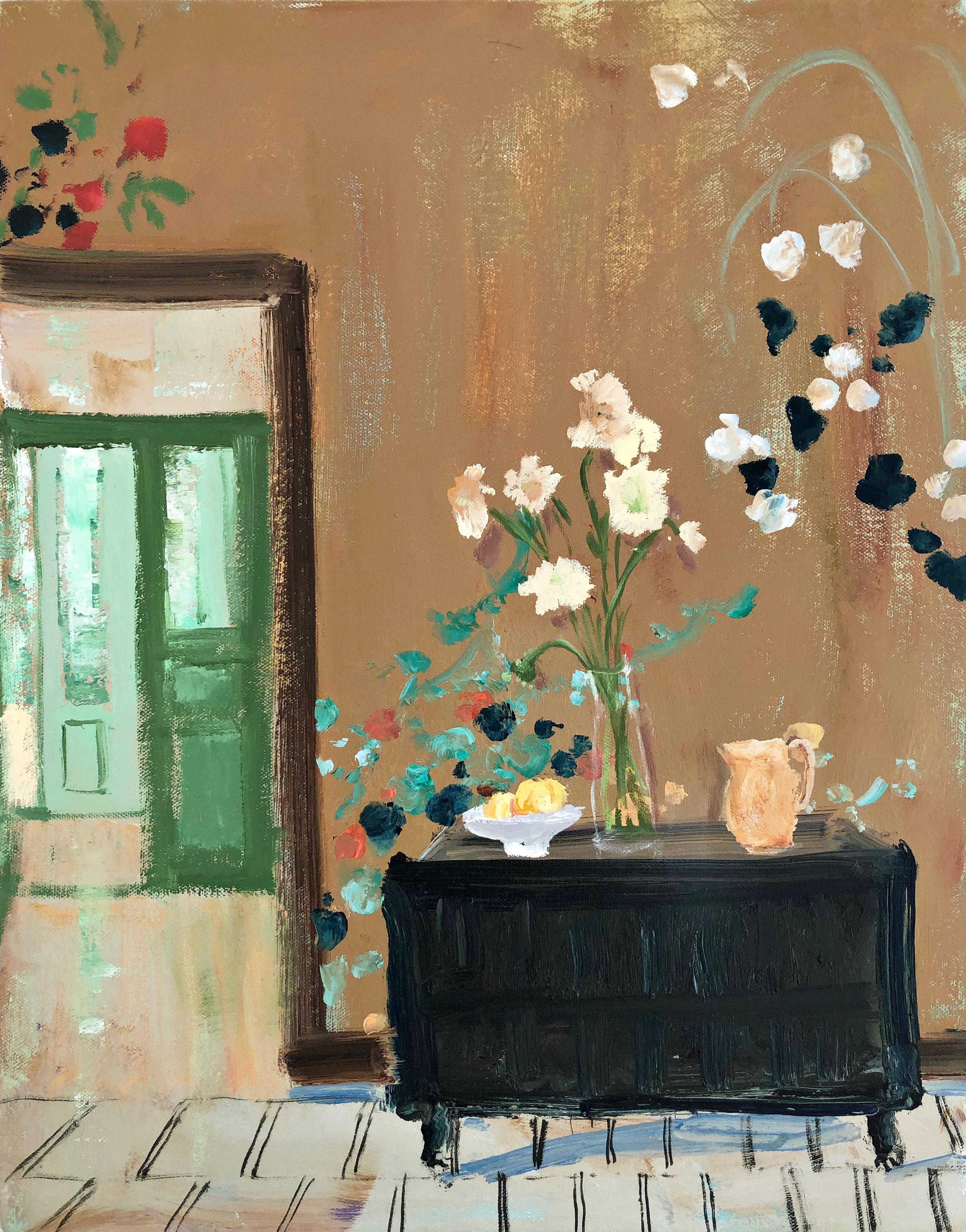 Melanie Parke Still-Life Painting - Midnight Holly, earth tones still life painting oil on canvas 