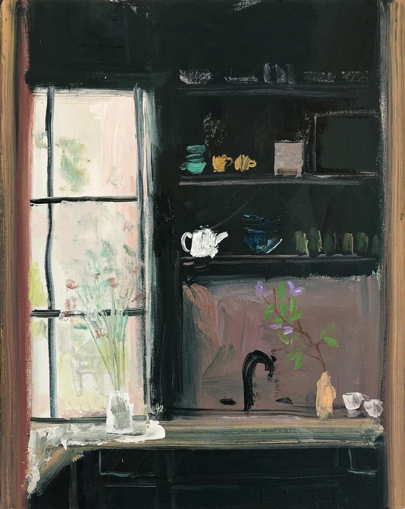 Melanie Parke Still-Life Painting – Morning Stems, Stillleben in dunklen Erdtönen, Öl auf Leinwand