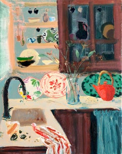 Nellie Lake, Interior Still Life, Kitchen, Patterned Plates, Red Teapot, Flowers