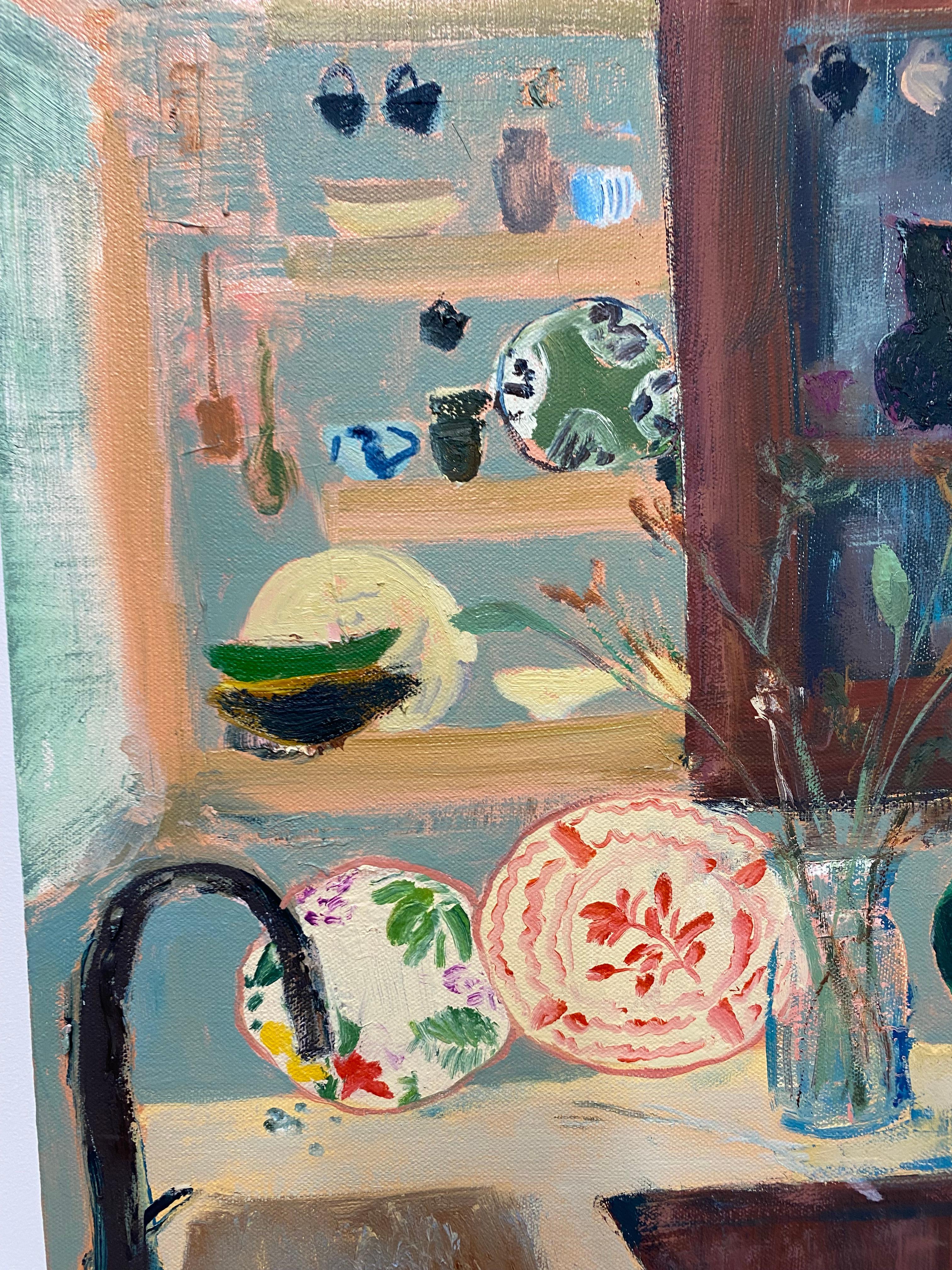 Nellie Lake, Kitchen, Patterned Plates, Red Teapot, Teacups, Flowers, Botanical - Beige Interior Painting by Melanie Parke