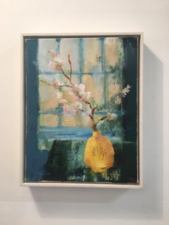 Night Blossoms, Still Life with Pink Cherry Blossom Flowers and Blue Window