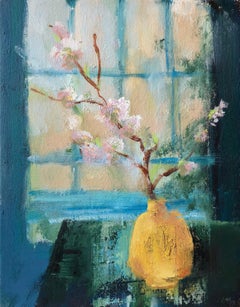 Night Blossoms, Still Life with Pink Cherry Blossom Flowers and Blue Window