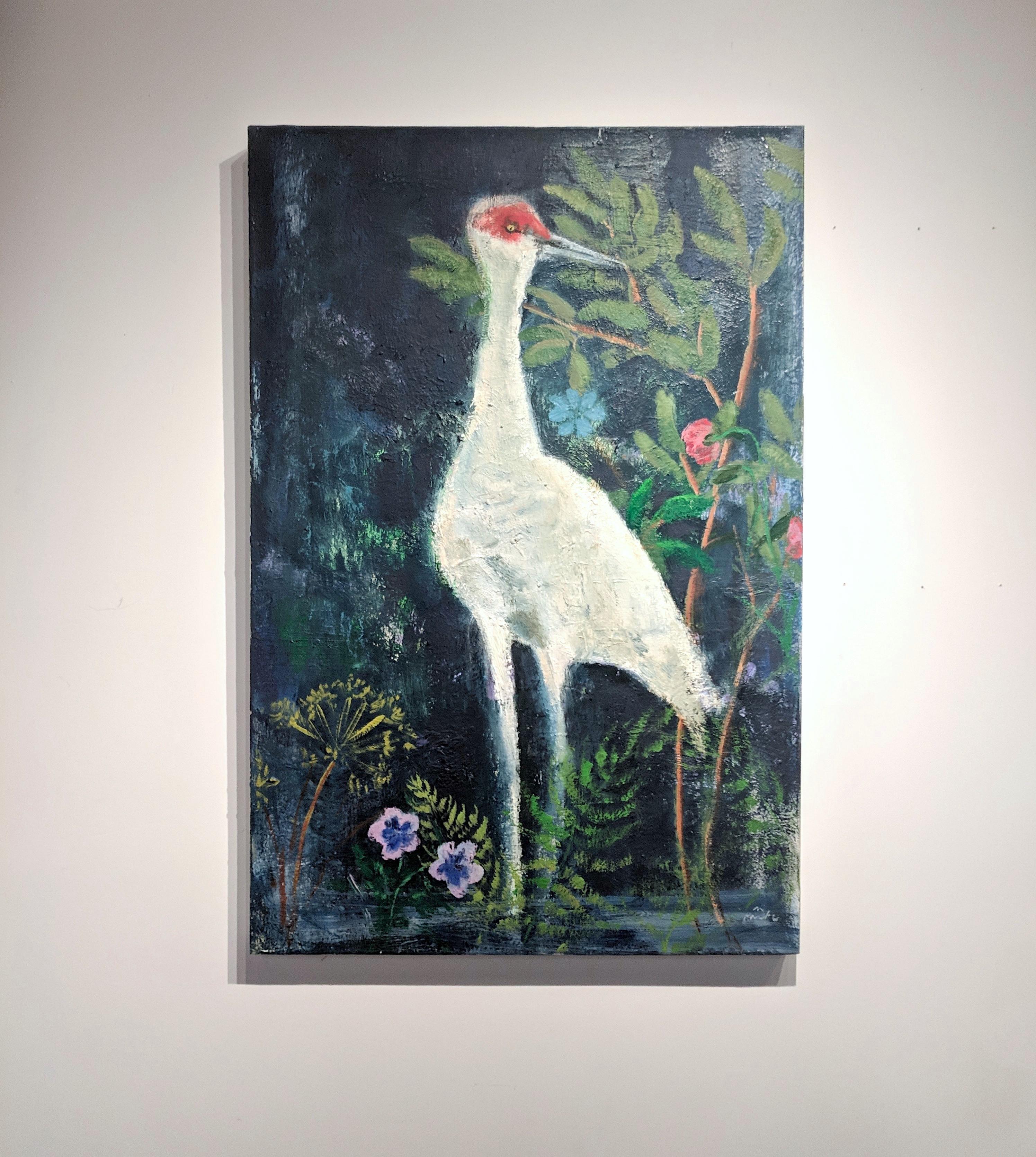 Night Ferns, Vertical Painting, White and Red Bird with Flowers on Navy Blue - Black Animal Painting by Melanie Parke