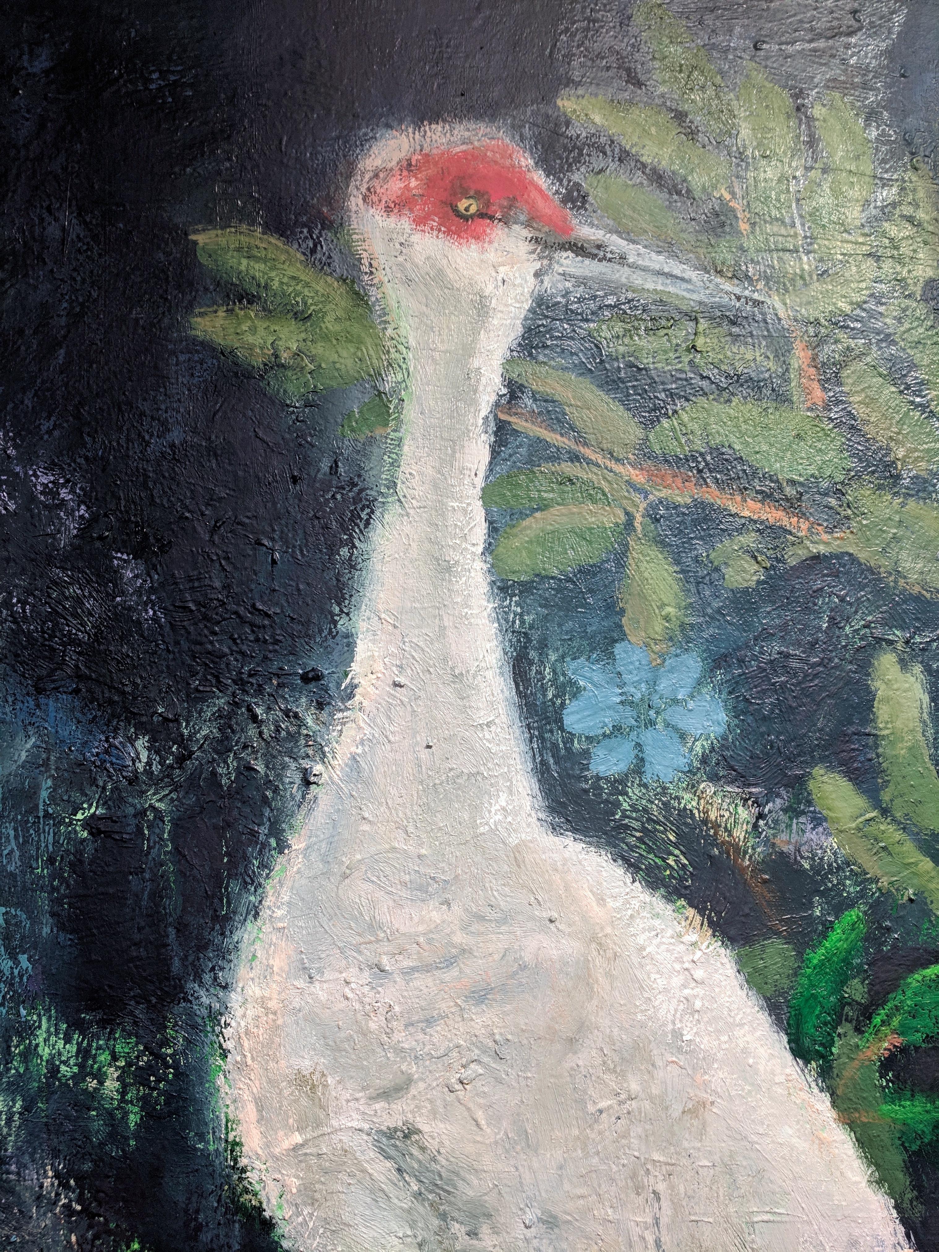 A tall white and red bird is dramatic against a dark navy blue background, with colorful flowers and green leaves in this peaceful nighttime scene.

Melanie Parke filters and reconstructs pastoral and bucolic still life settings that emerge from her
