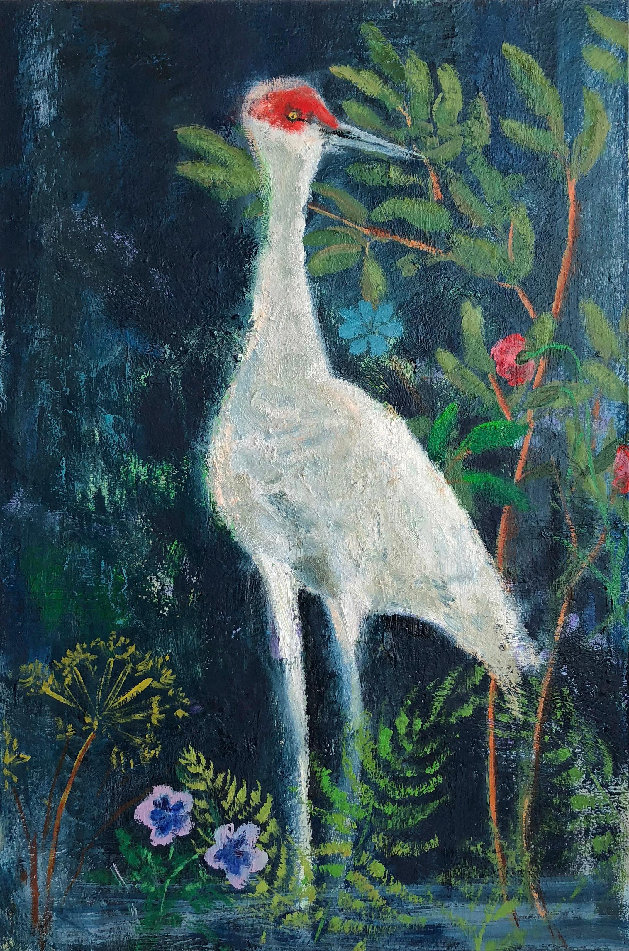 Melanie Parke Animal Painting - Night Ferns, Vertical Painting, White and Red Bird with Flowers on Navy Blue