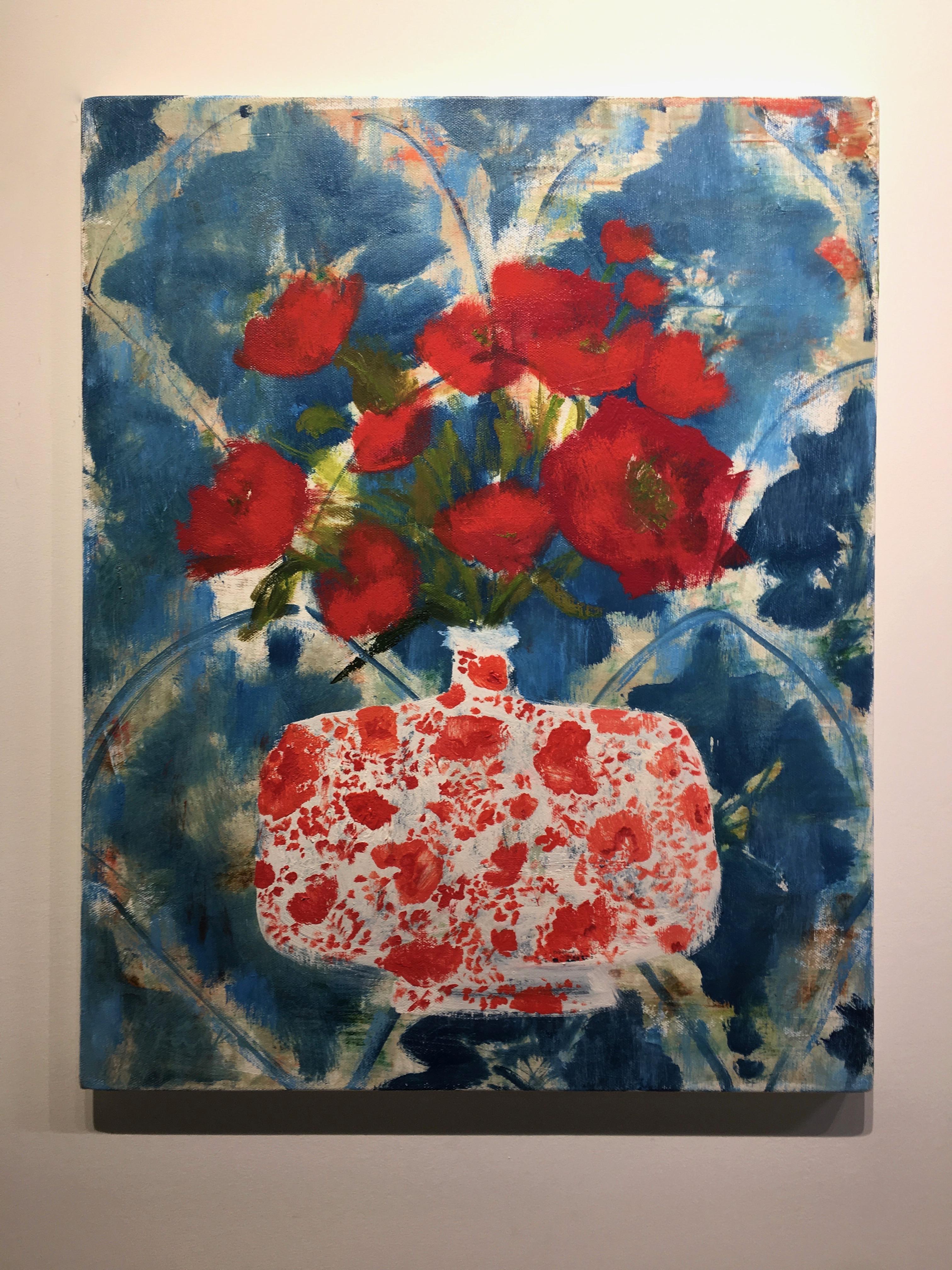 Night Linen, Botanical Still Life with Red Flowers in Vase with Blue Background - Painting by Melanie Parke