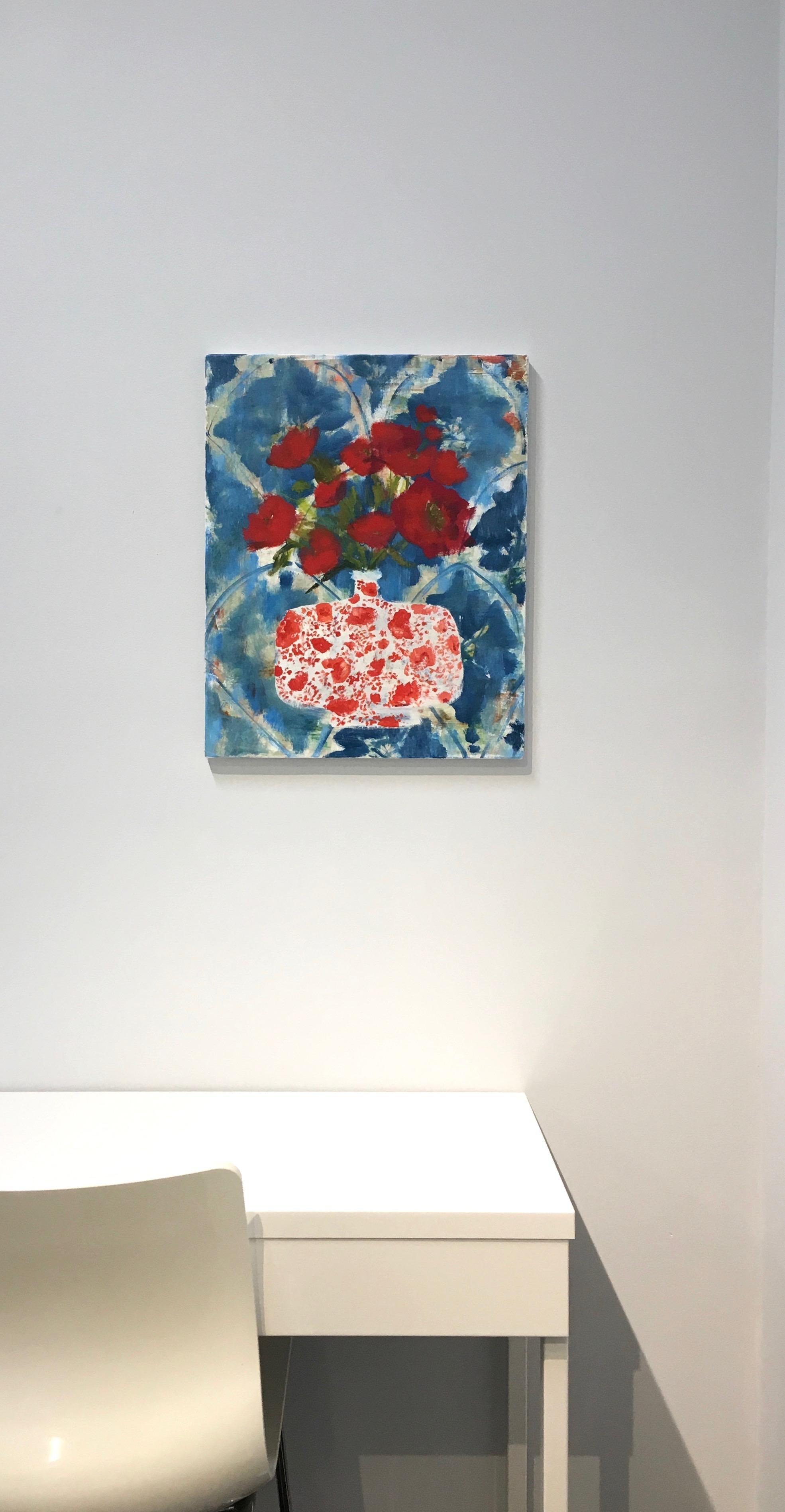 Night Linen, Botanical Still Life with Red Flowers in Vase with Blue Background - Contemporary Painting by Melanie Parke