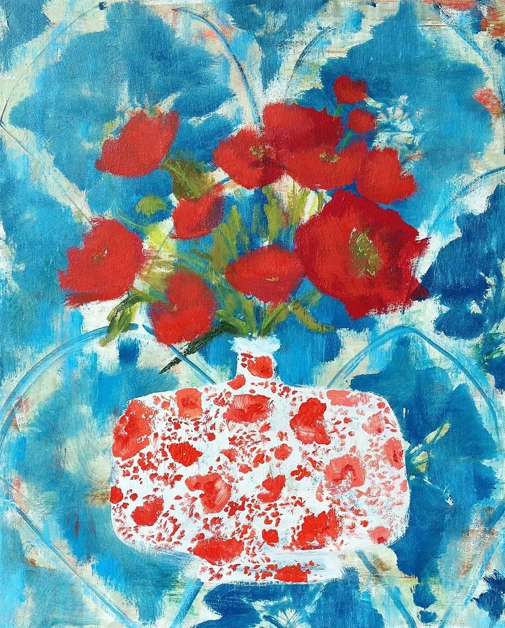 Melanie Parke Still-Life Painting - Night Linen, Botanical Still Life with Red Flowers in Vase with Blue Background
