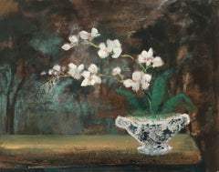 Night Orchids, Still Life Painting with White Flowers in Dark Green and Brown