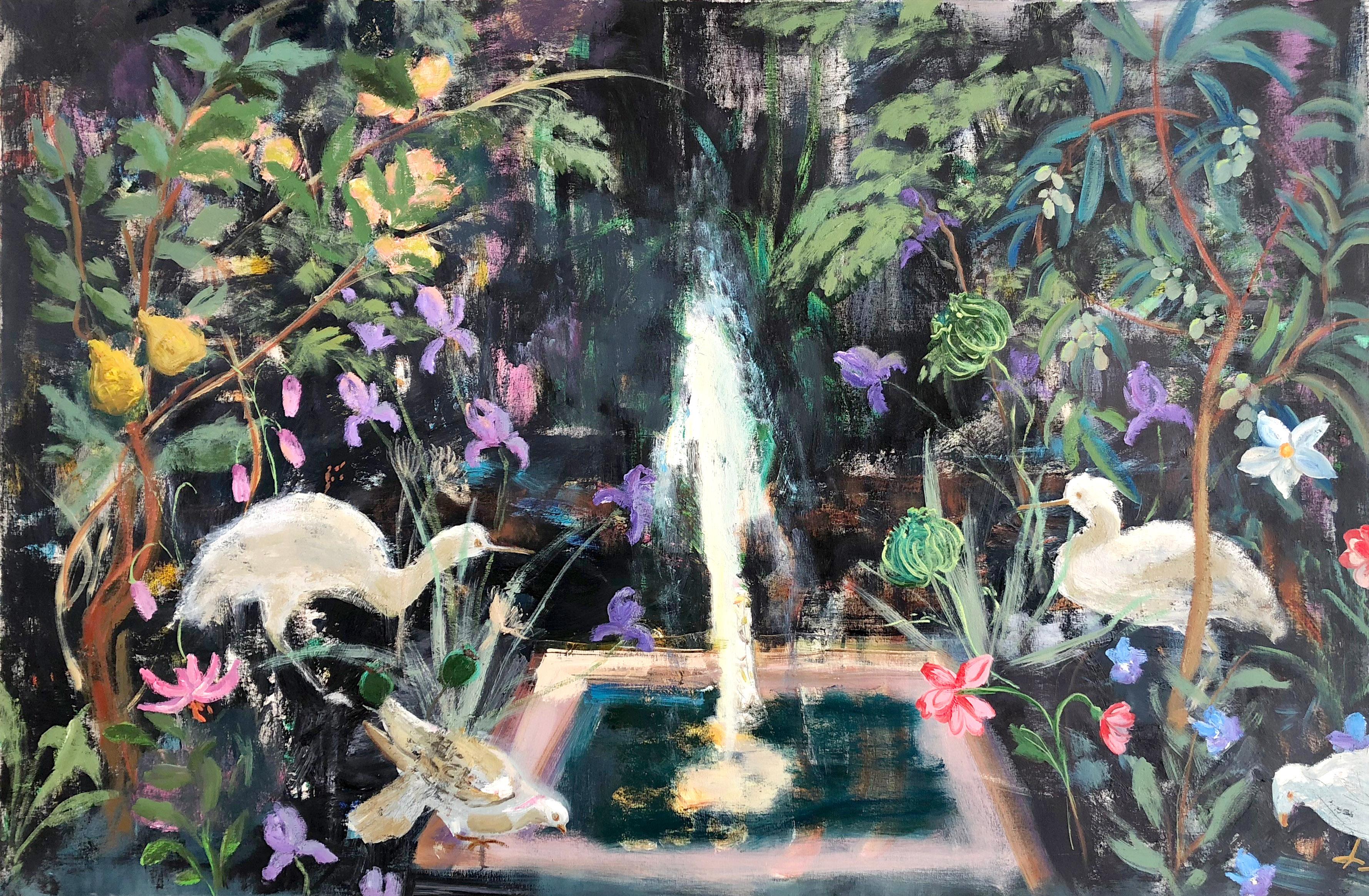 Melanie Parke Animal Painting - Notte, Horizontal Painting, Egret Birds, Fountain, Flowers, Green Leaves, Fruits