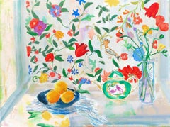 "Orange Plate" Matisse-like Still Life of Lemons/Bird, Flowers/Floral Wallpaper 