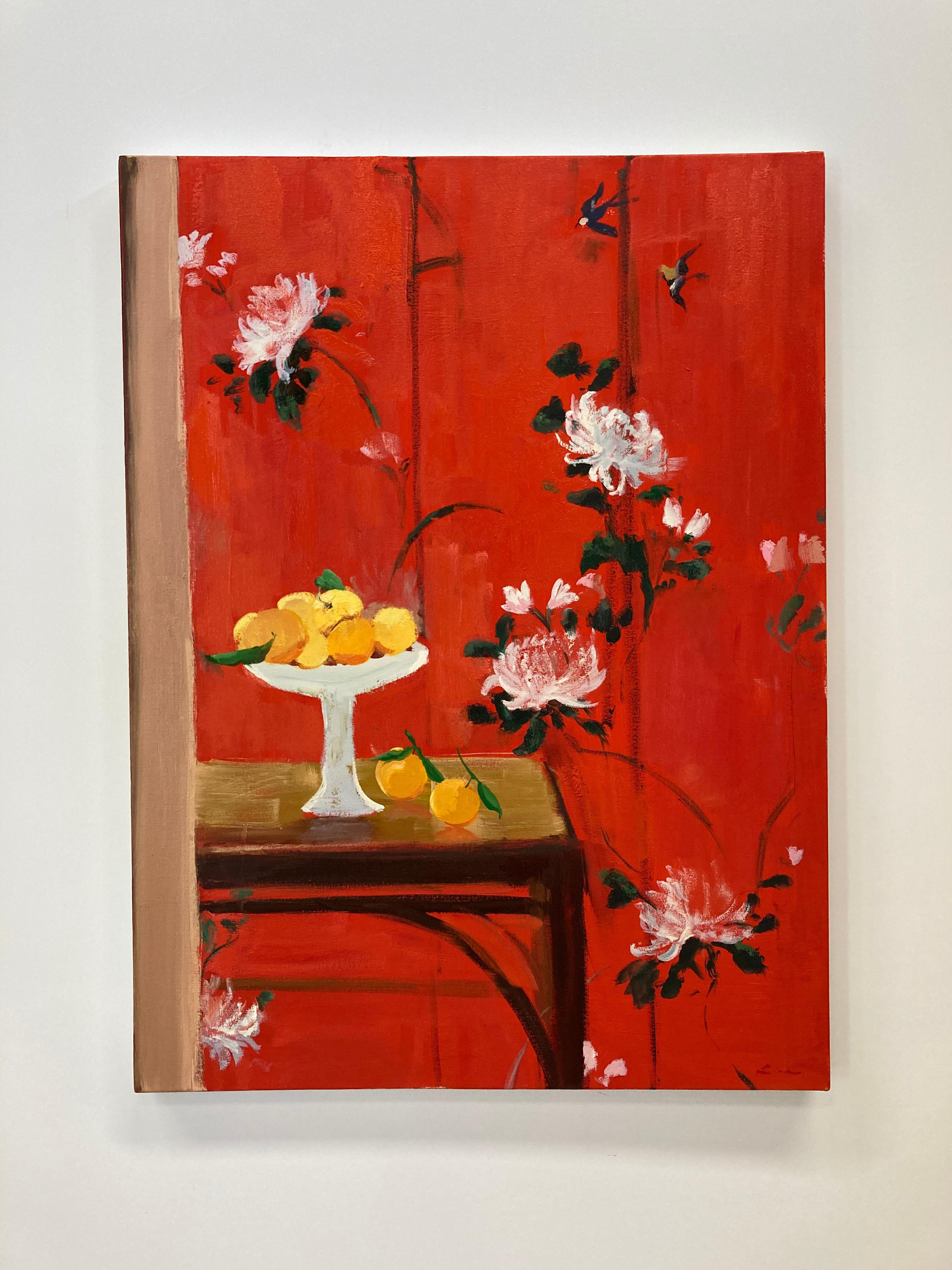 Orange Spice, Bright Red Vertical Botanical Still Life, Fruits, White Flowers - Painting by Melanie Parke
