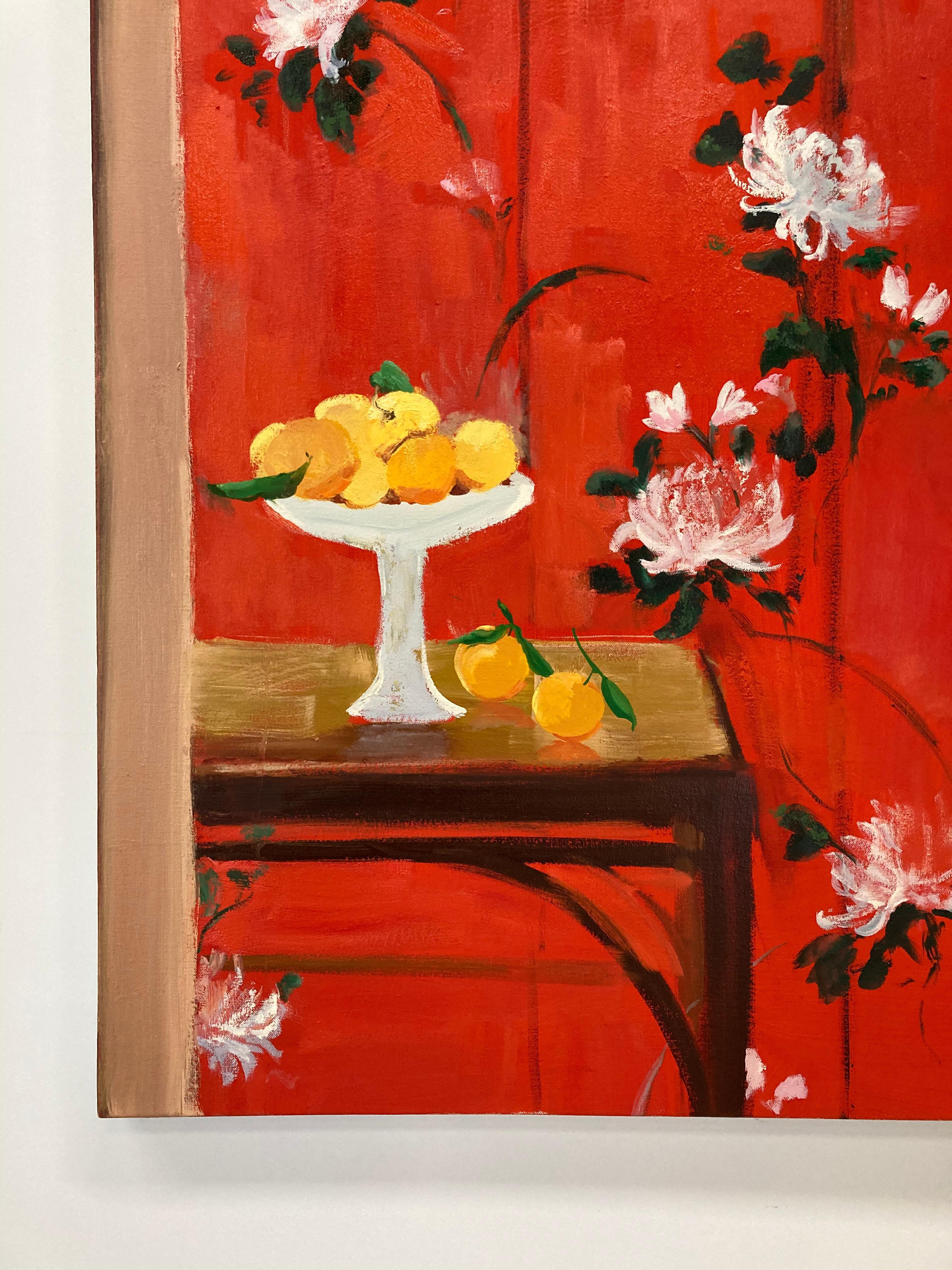 Orange Spice, Bright Red Vertical Botanical Still Life, Fruits, White Flowers - Contemporary Painting by Melanie Parke