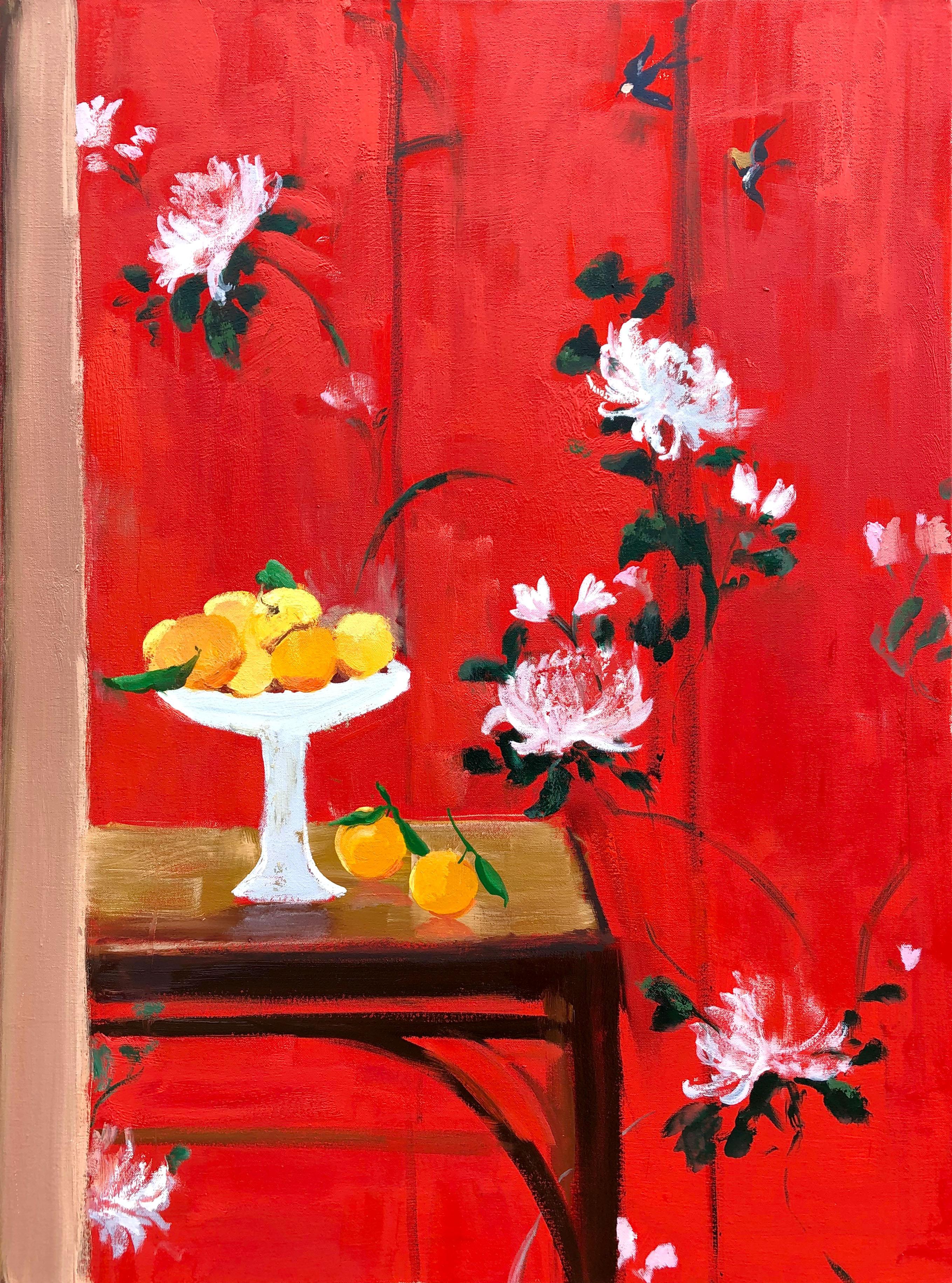 Orange Spice, Bright Red Vertical Still Life with Fruits and White Flowers