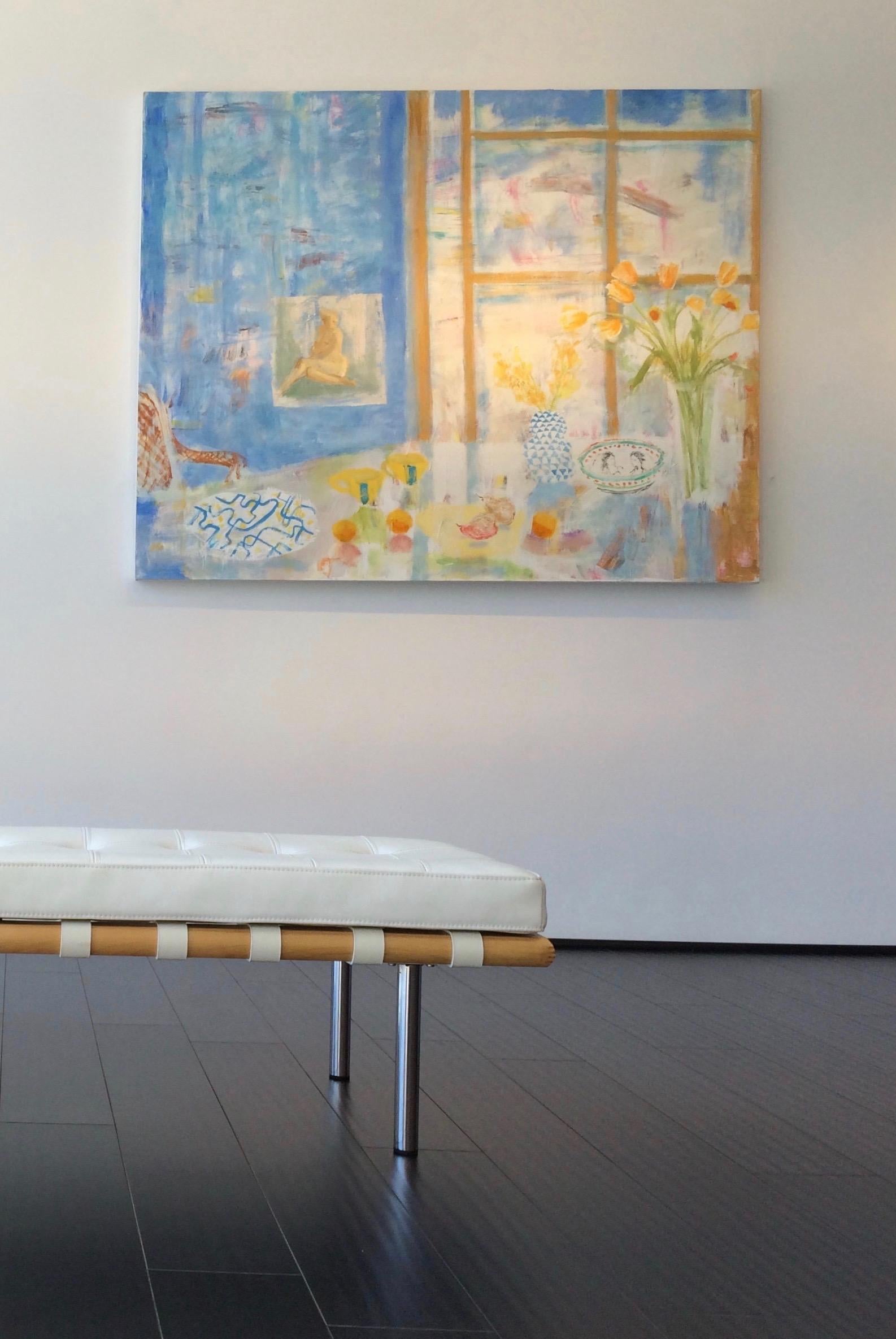 Paule's Table - Yellow Orange Flowers Fruit Blue Dining Room Still Life, 2015 - Painting by Melanie Parke