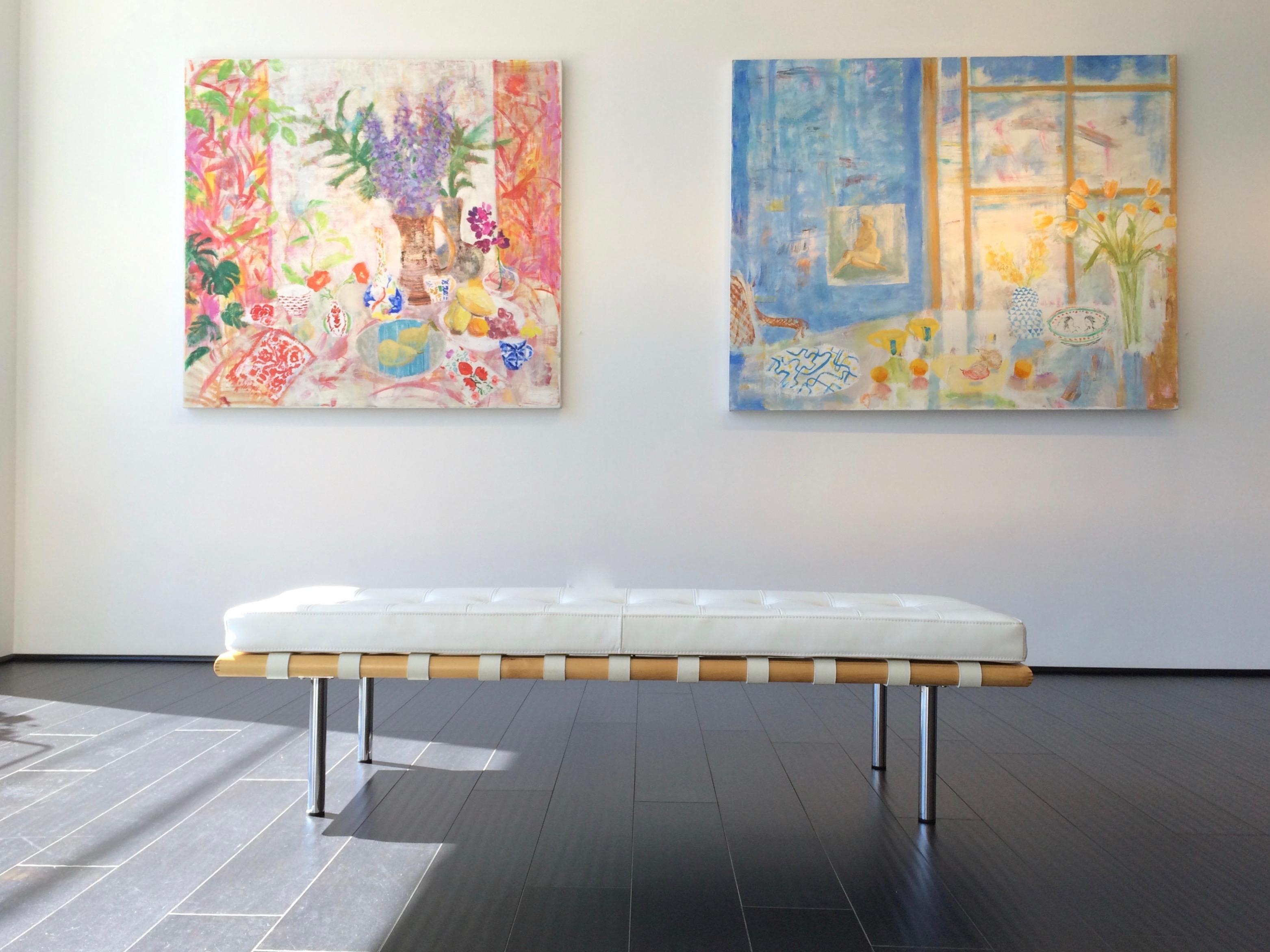 Paule's Table - Yellow Orange Flowers Fruit Blue Dining Room Still Life, 2015 - Contemporary Painting by Melanie Parke