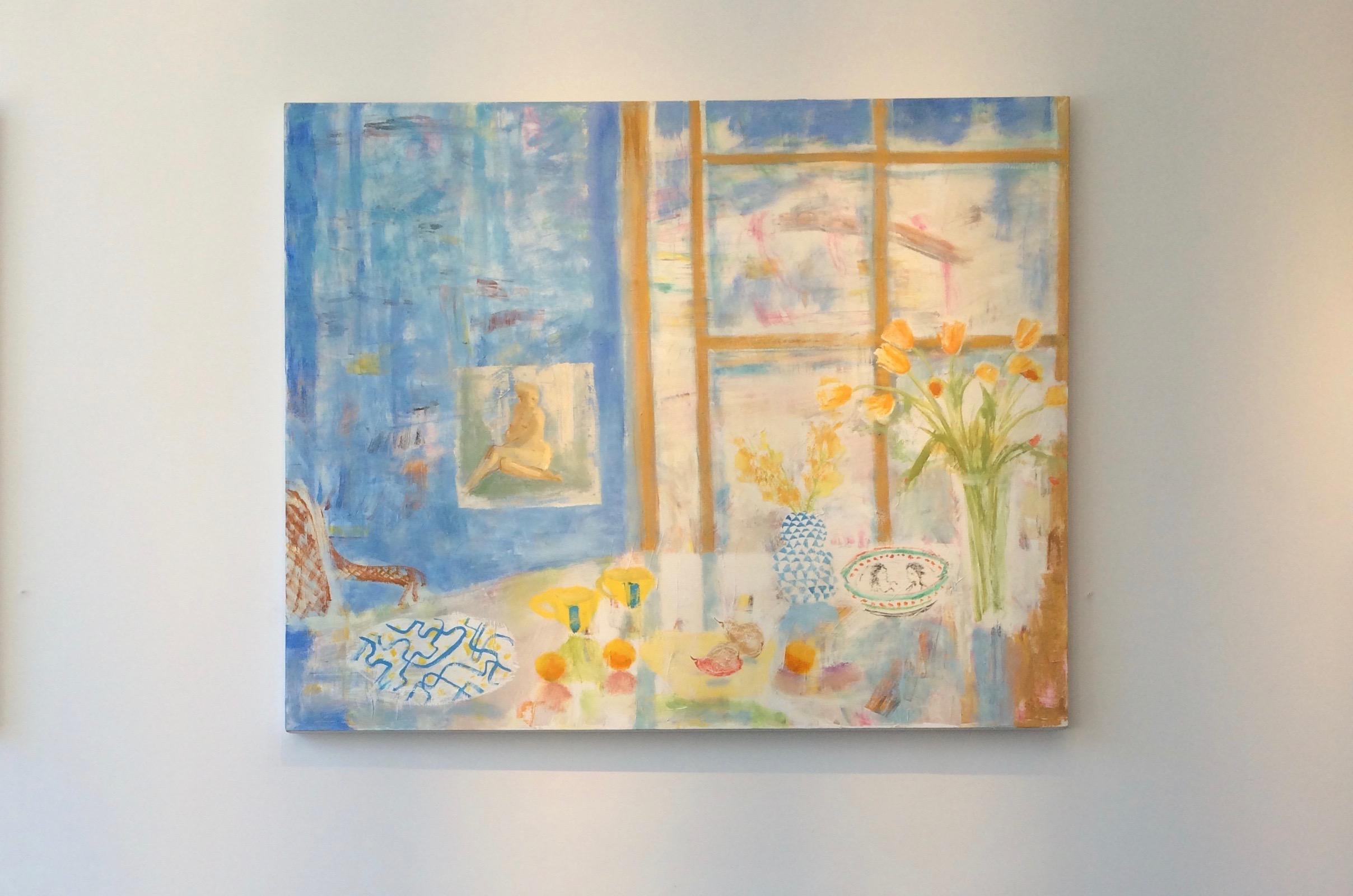 Paule's Table - Yellow Orange Flowers Fruit Blue Dining Room Still Life, 2015 - Gray Interior Painting by Melanie Parke
