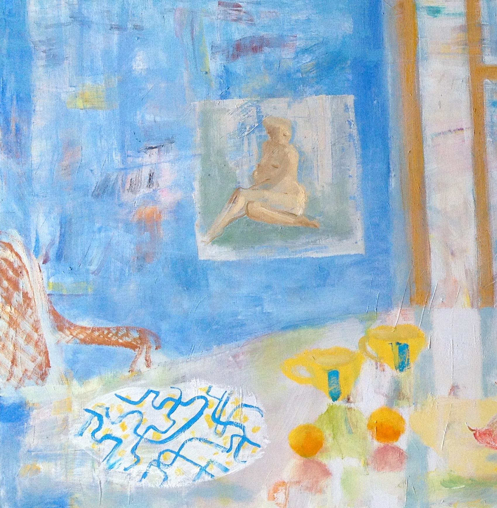Paule's Table - Yellow Orange Flowers Fruit Blue Dining Room Still Life, 2015 For Sale 1