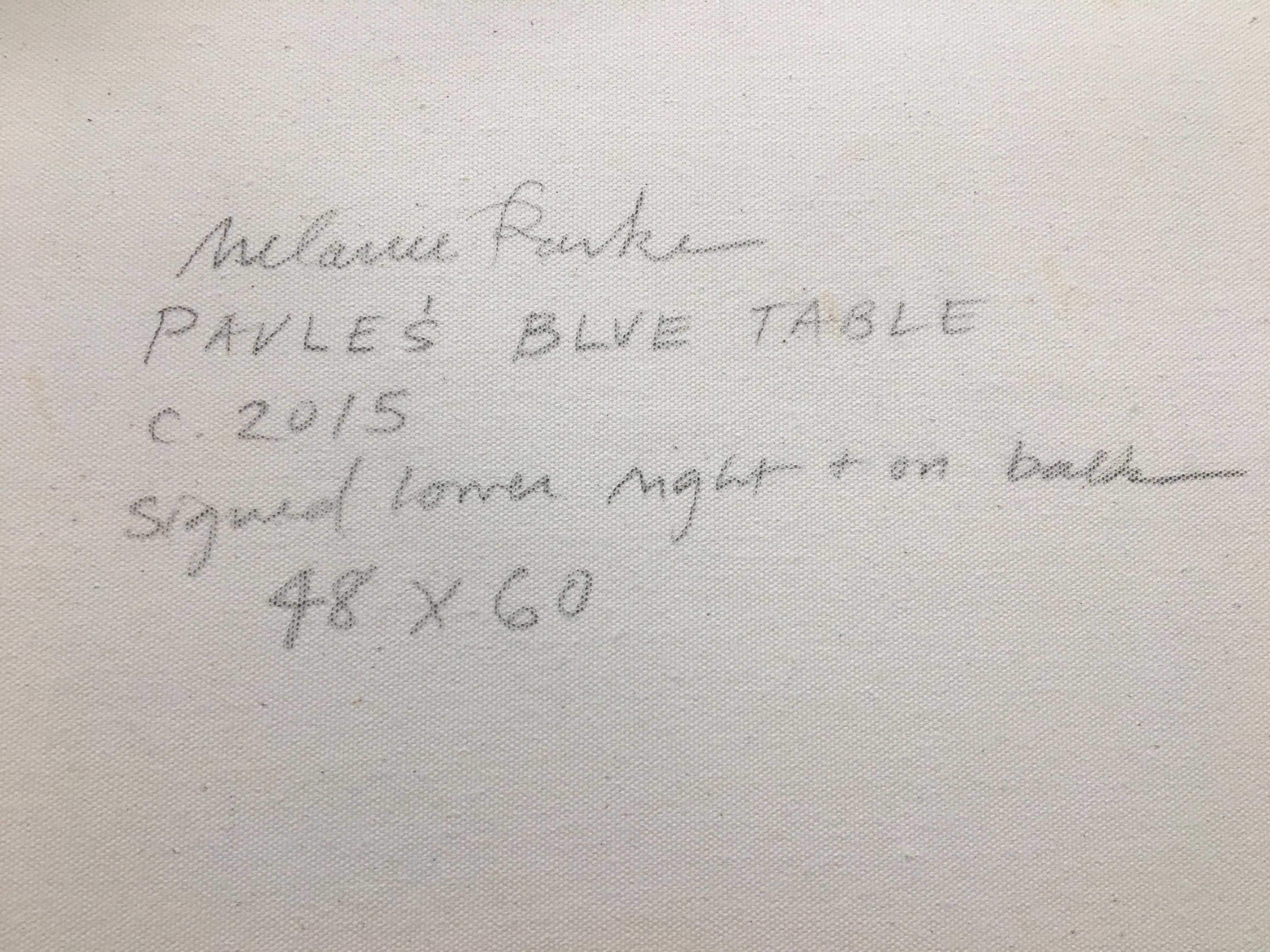 Paule's Table - Yellow Orange Flowers Fruit Blue Dining Room Still Life, 2015 For Sale 2