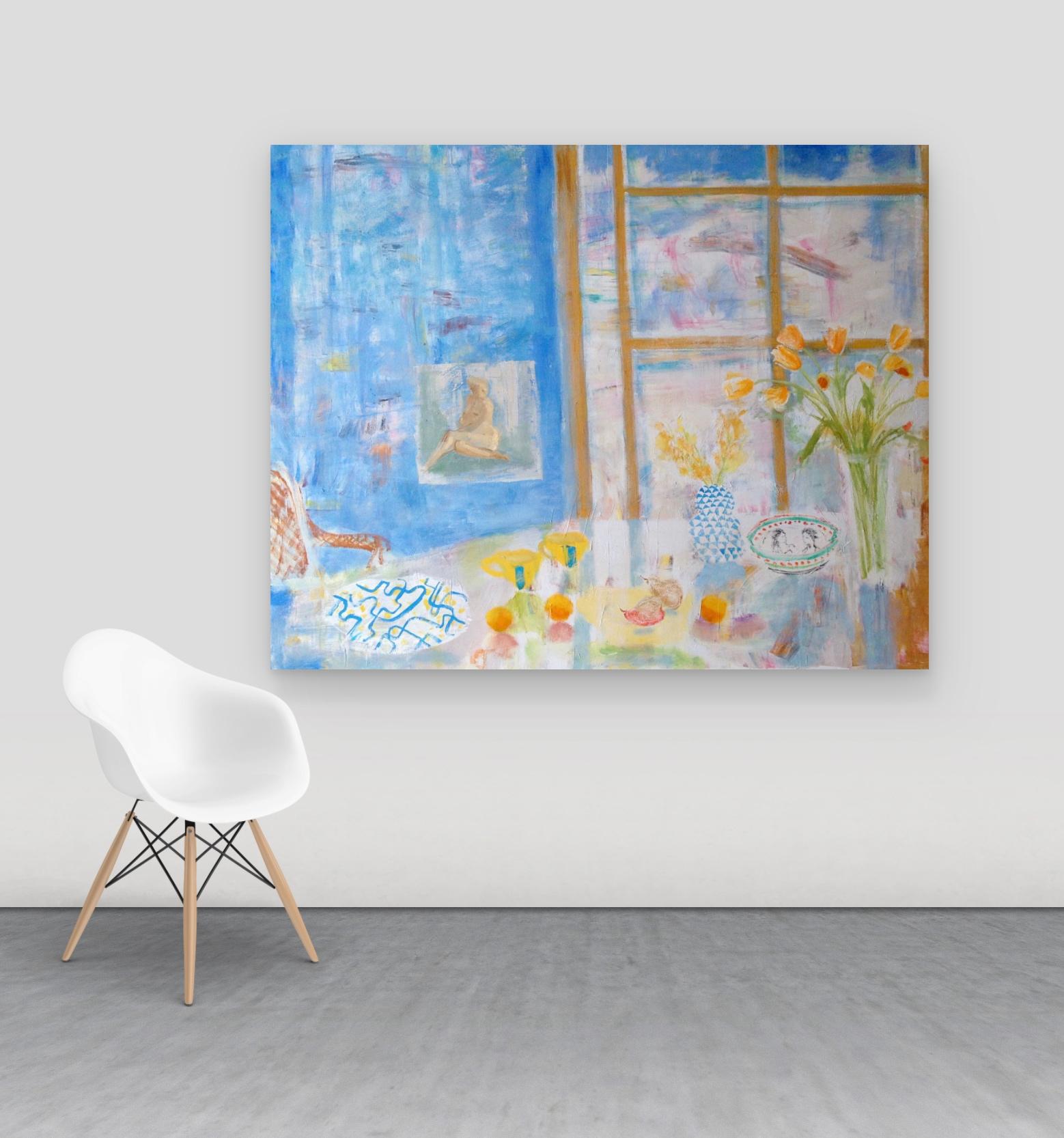 Paule's Table - Yellow Orange Flowers Fruit Blue Dining Room Still Life, 2015 For Sale 3