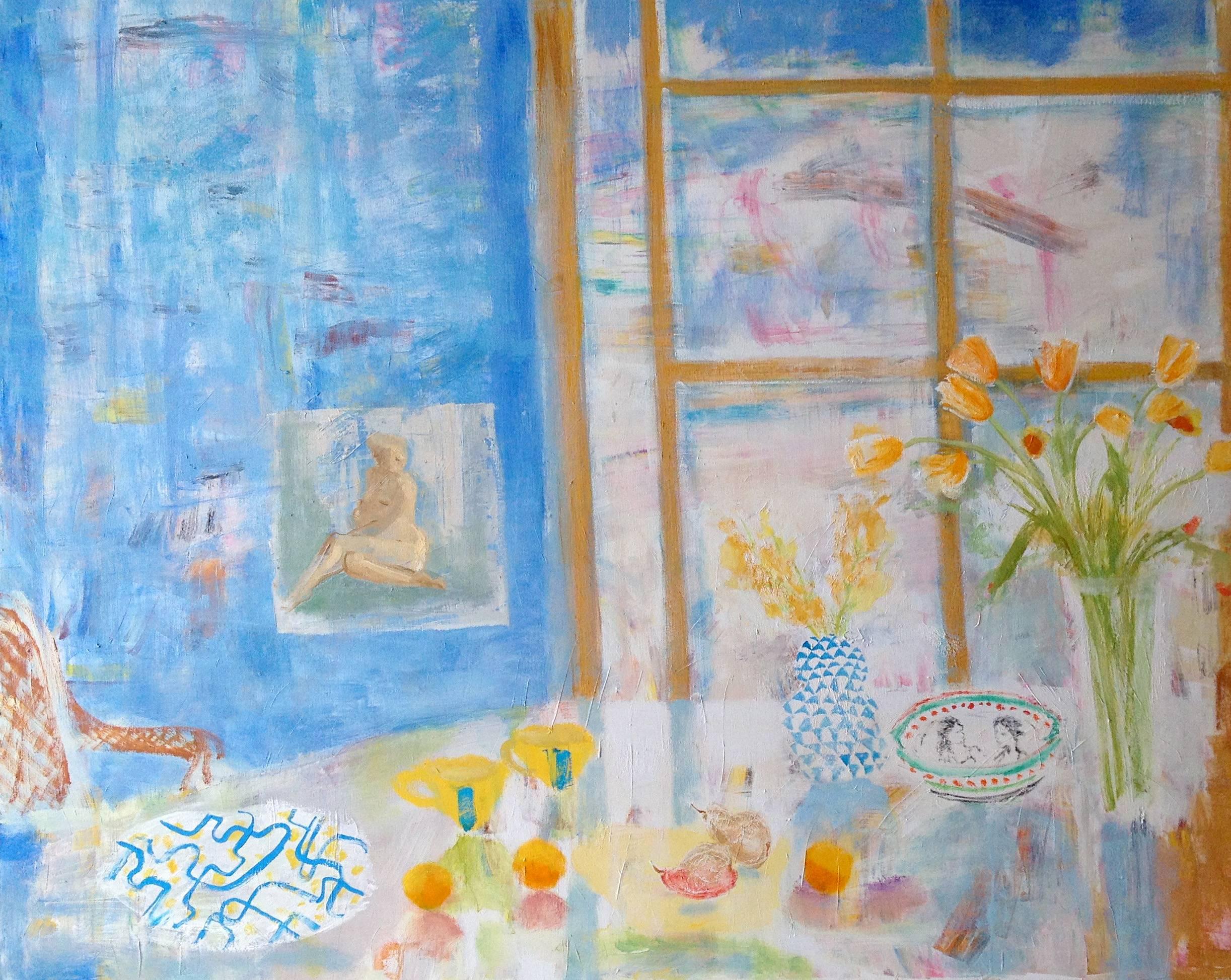 Melanie Parke Still-Life Painting - Paule's Table, Yellow Tulips, Orange Gladiolas, Fruit, Window, Blue Dining Room