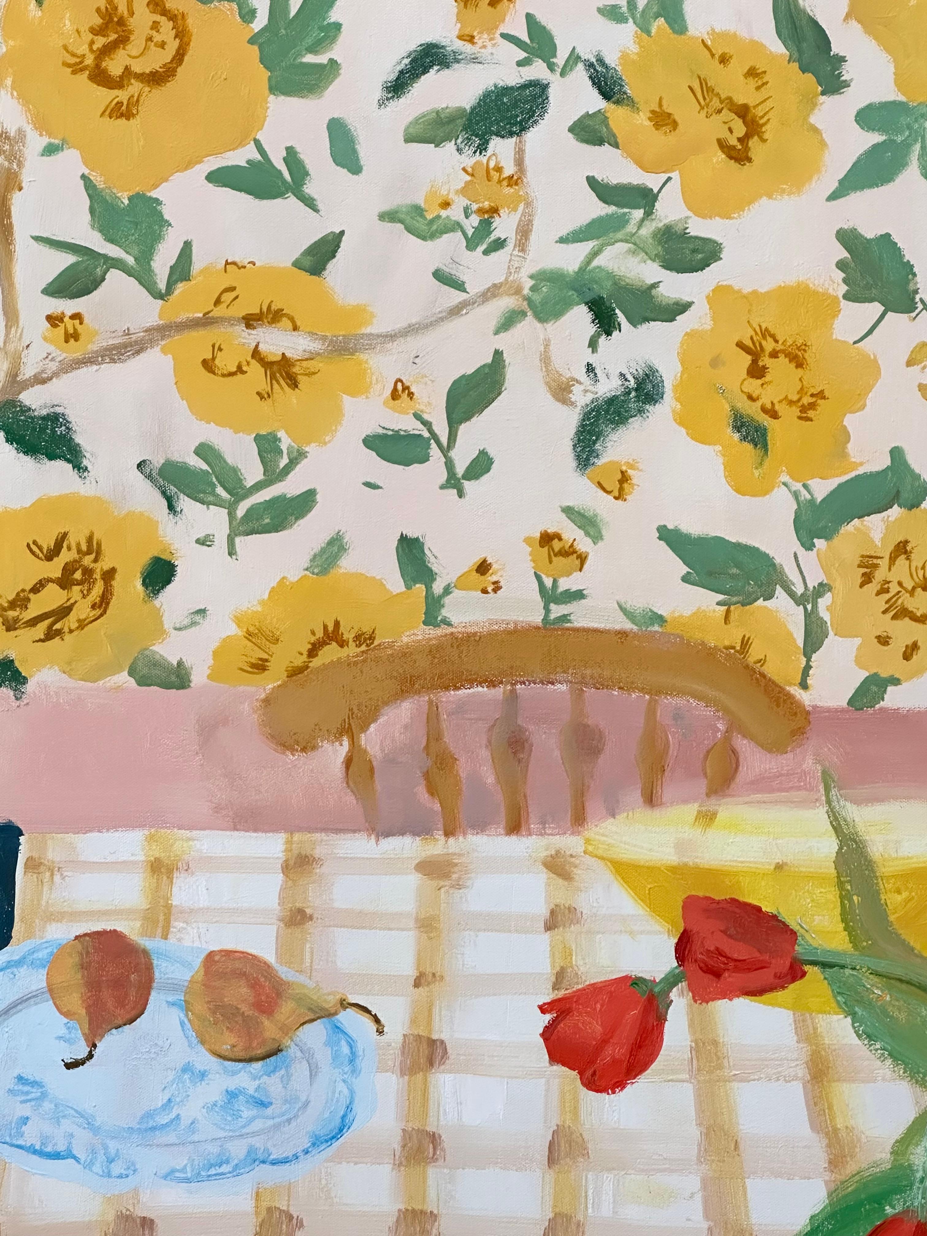 Pêches et tiges - Nature morte contemporaine Tulipes Fruits Fleurs Salle à manger, 2022 en vente 2