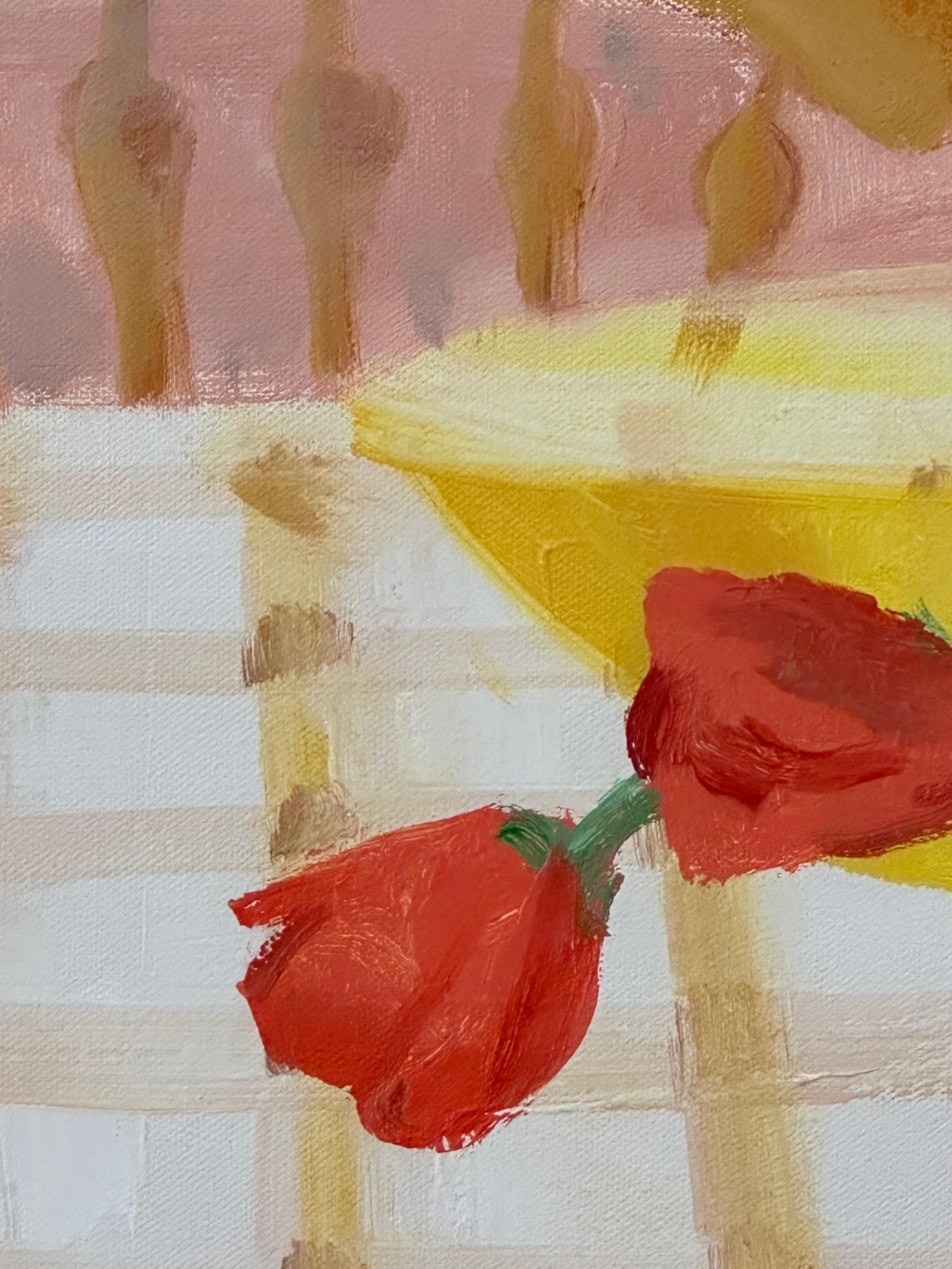 Pêches et tiges - Nature morte contemporaine Tulipes Fruits Fleurs Salle à manger, 2022 en vente 4