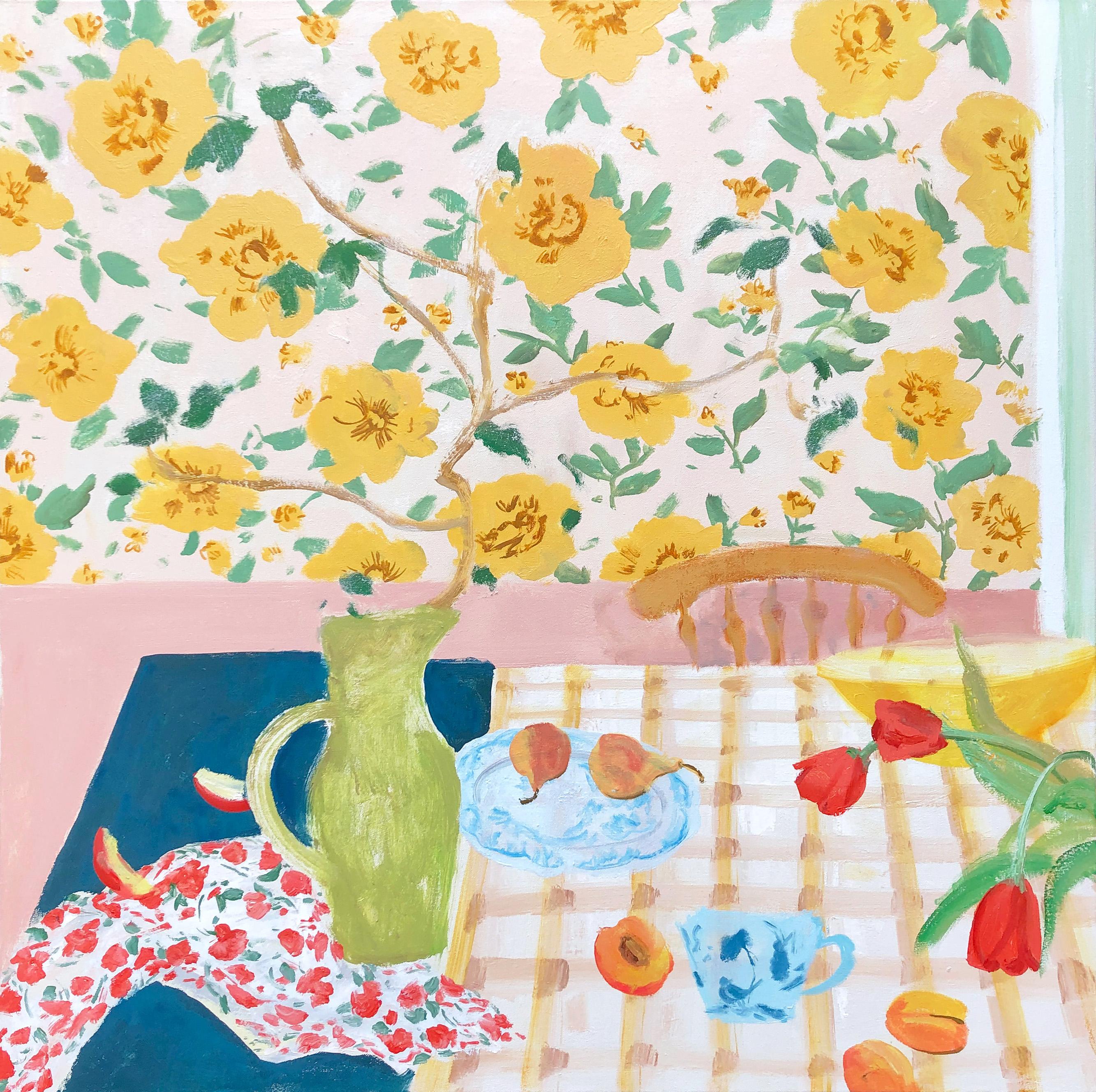 Pêches et tiges - Nature morte contemporaine Tulipes Fruits Fleurs Salle à manger, 2022