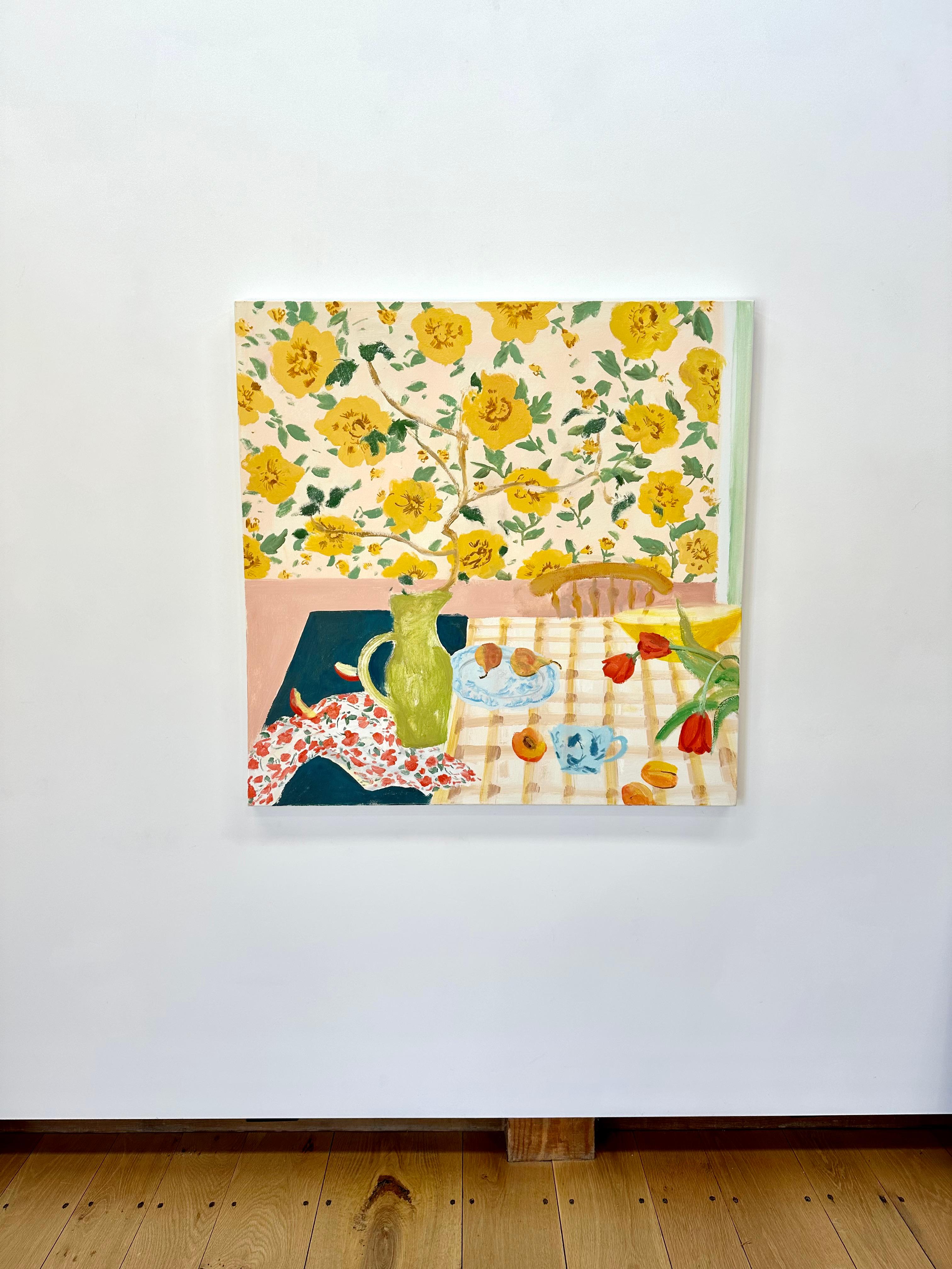 Poires et tiges, fleurs jaunes, tulipes rouges, fruits, poires, salle à manger - Painting de Melanie Parke