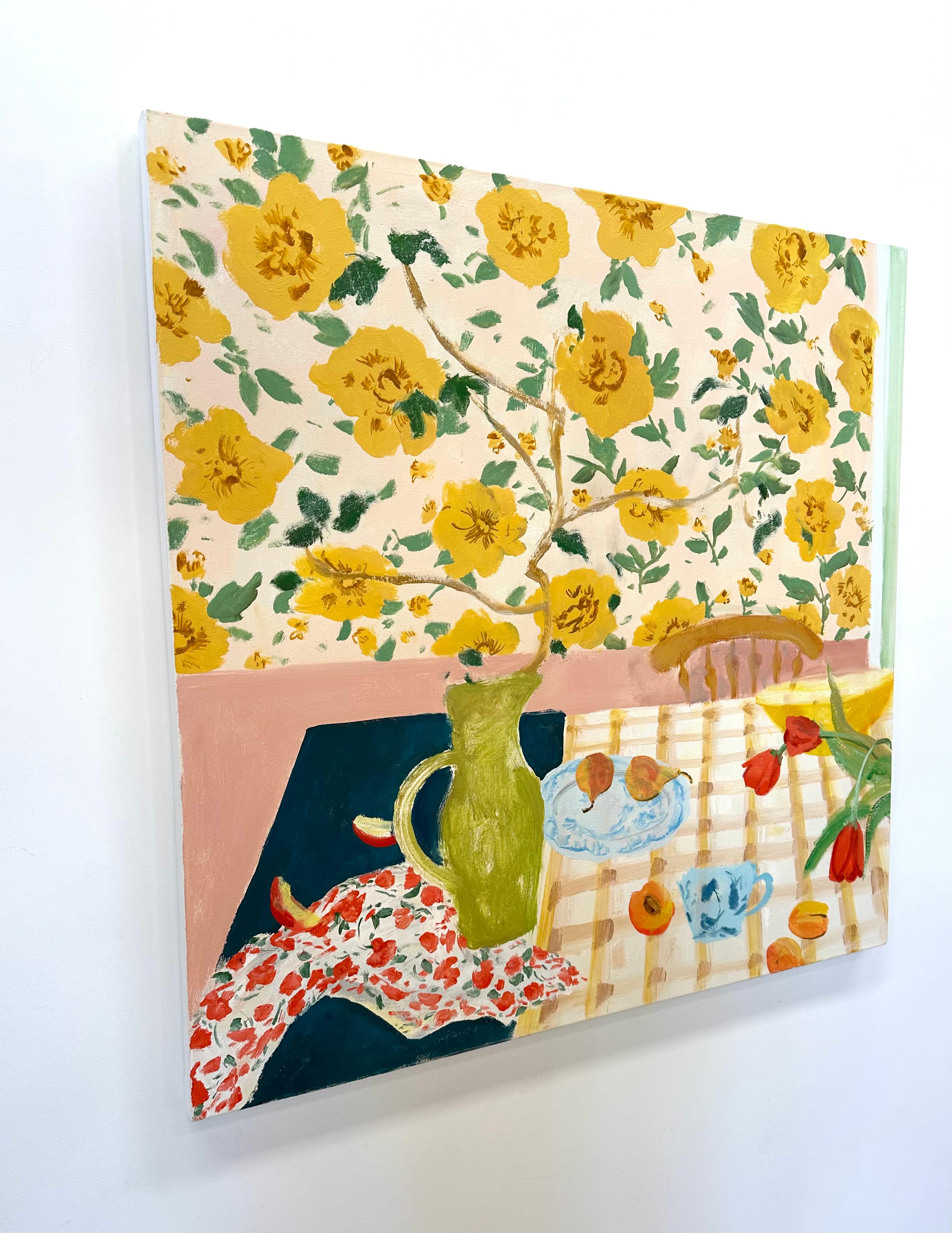 Poires et tiges, fleurs jaunes, tulipes rouges, fruits, poires, salle à manger - Contemporain Painting par Melanie Parke