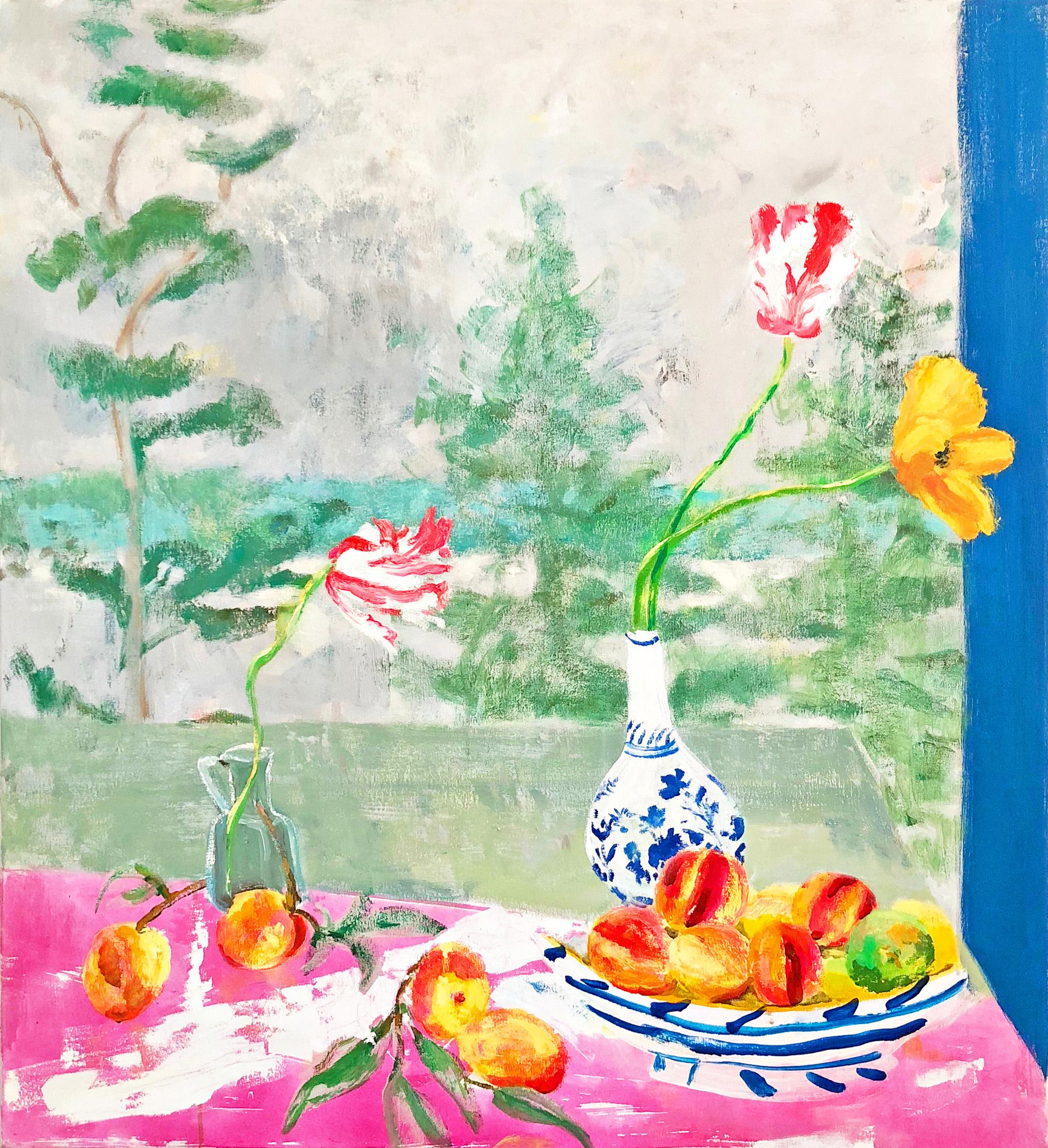 Melanie Parke Landscape Painting - Peachy, Peaches, Green Pine Trees, Pink Tulips, Botanical, Fruit, Lake Landscape