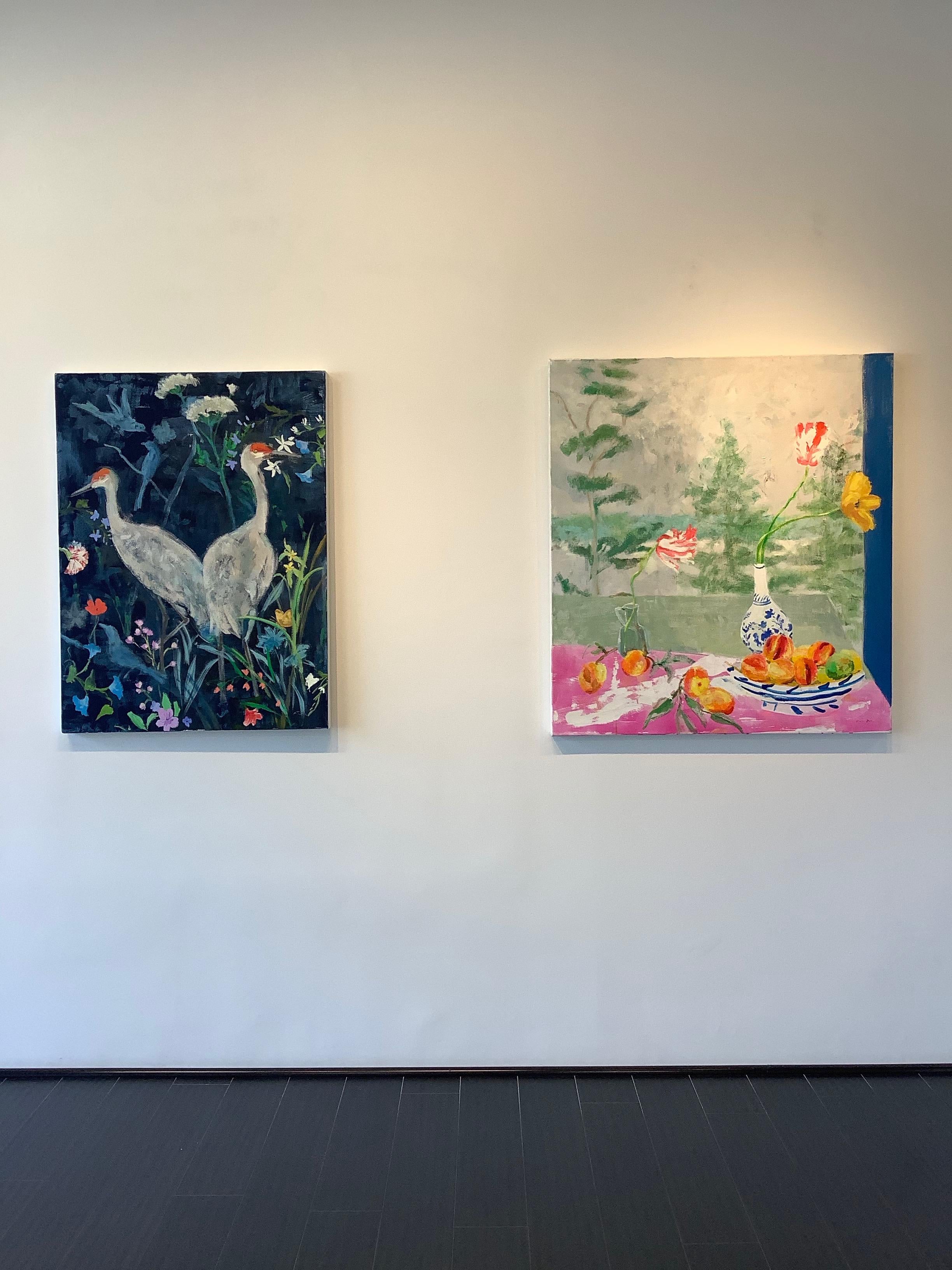 Peachy - Peaches Pine Trees Tulips Botanical Fruit Flowers Lake Landscape, 2019 - Beige Landscape Painting par Melanie Parke