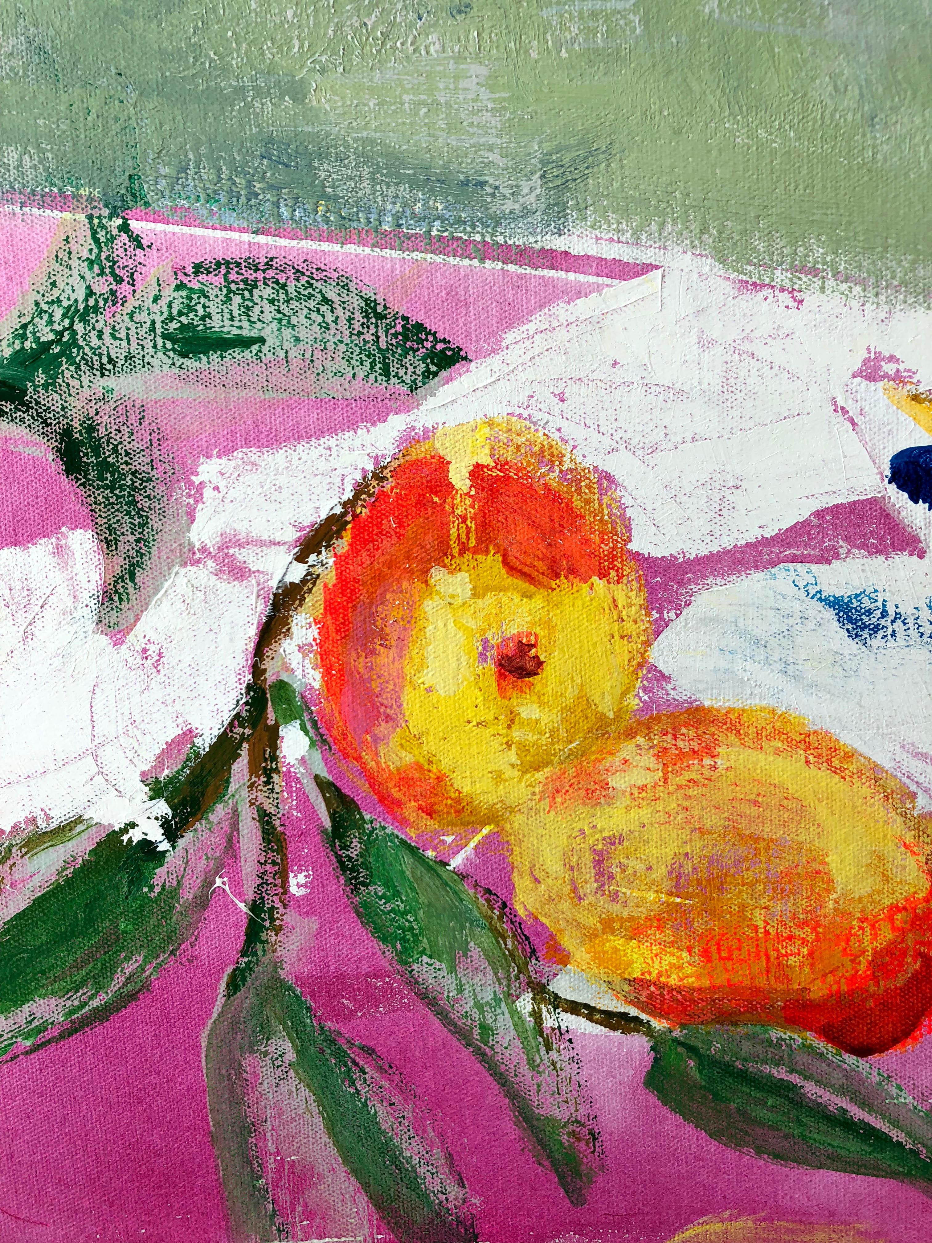 Peachy - Peaches Pine Trees Tulips Botanical Fruit Flowers Lake Landscape, 2019 en vente 1