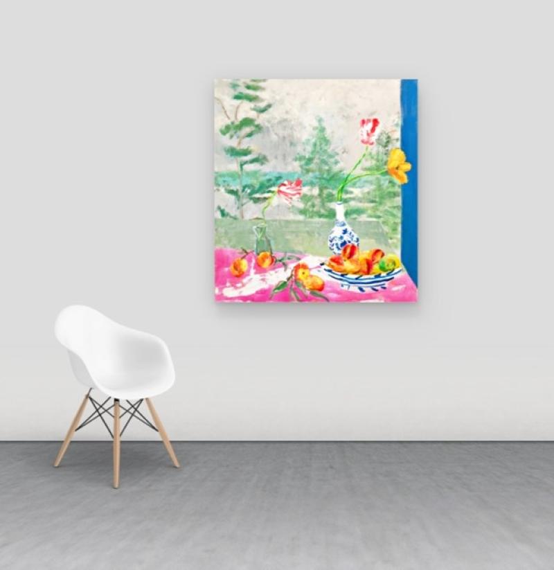 Peachy - Peaches Pine Trees Tulips Botanical Fruit Flowers Lake Landscape, 2019 en vente 3