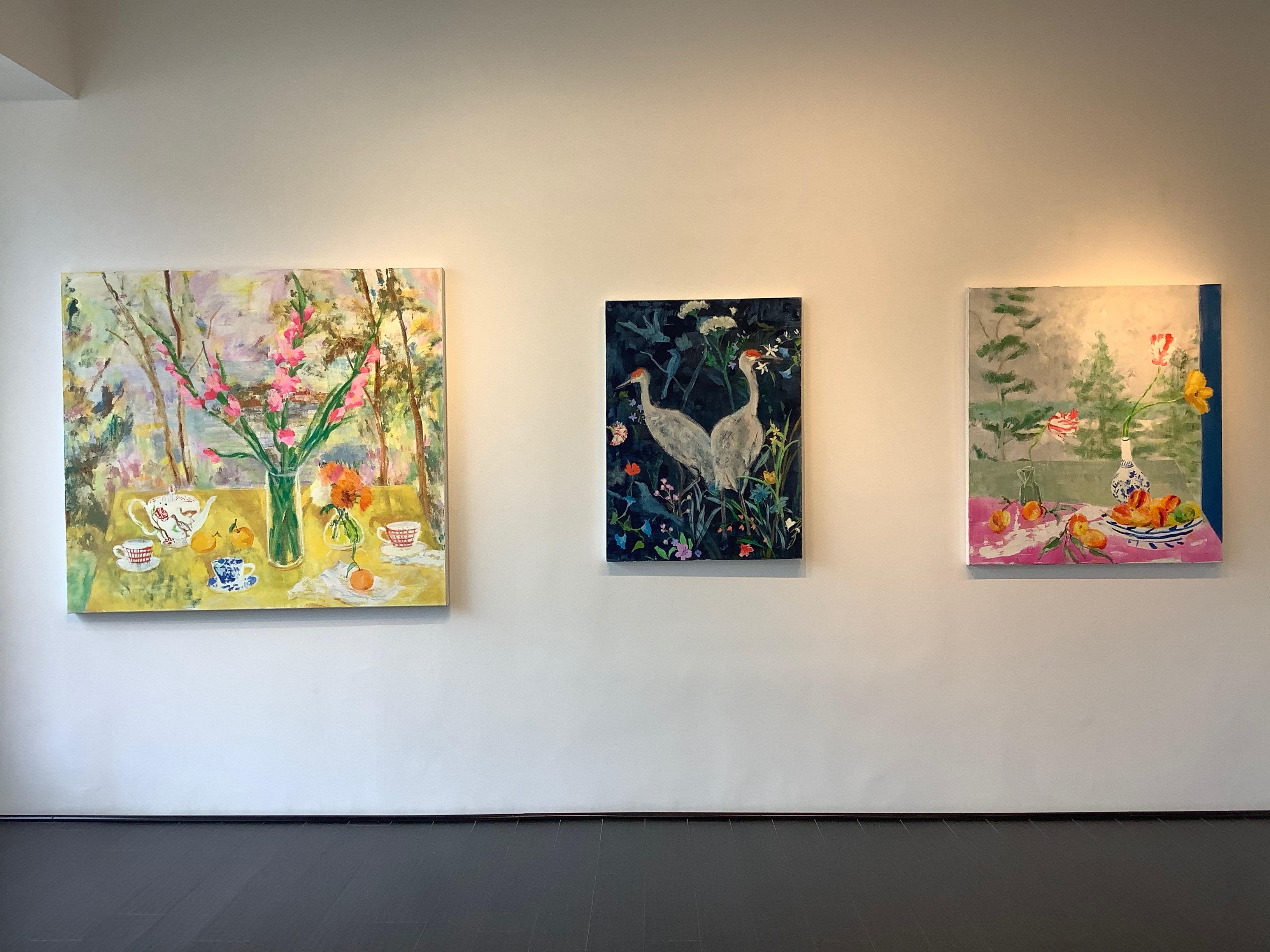 Peachy - Peaches Pine Trees Tulips Botanical Fruit Flowers Lake Landscape, 2019 en vente 4