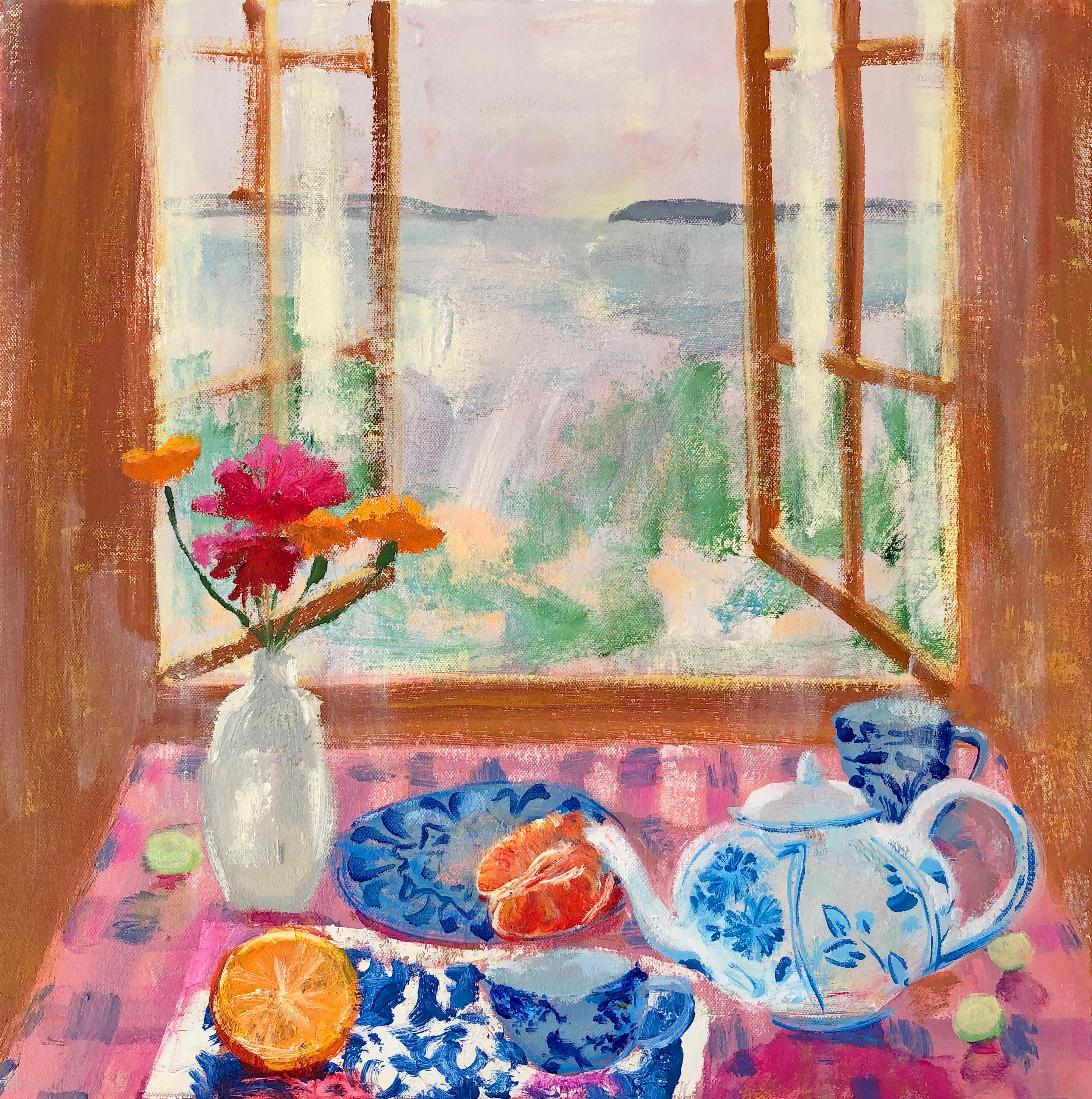 Melanie Parke Still-Life Painting - Pink Gingham, impressionist interior and still life painting