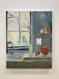 Pleasure Collector, Kitchen Still Life Painting with White Flowers and Tea Pot