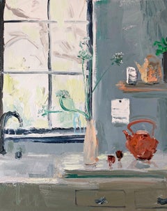 Pleasure Collector, Kitchen Still Life Painting with White Flowers and Tea Pot