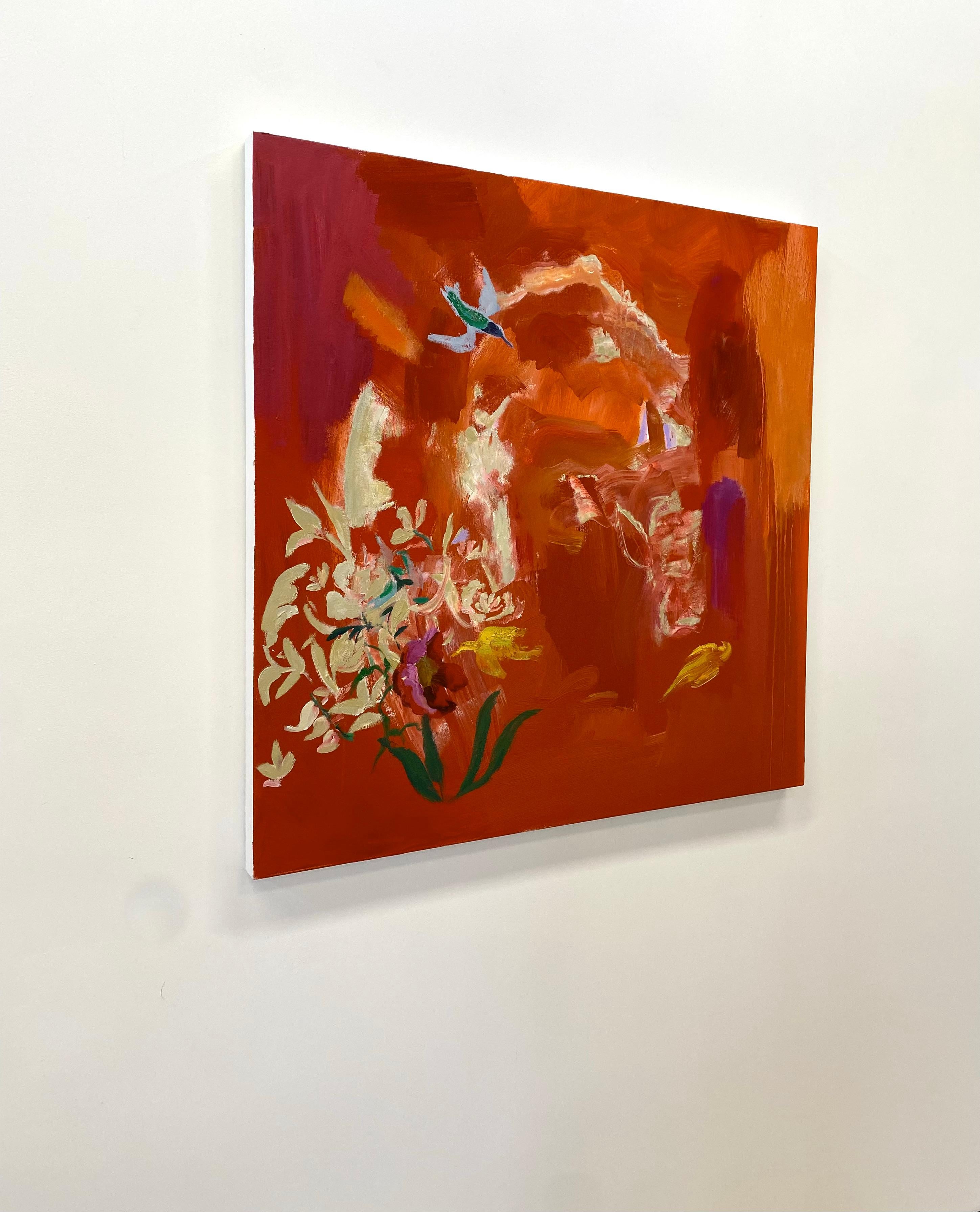 Poppy Seed - Abstract Botanical Green Bird Red Orange Yellow White Flowers, 2022 - Contemporary Painting by Melanie Parke