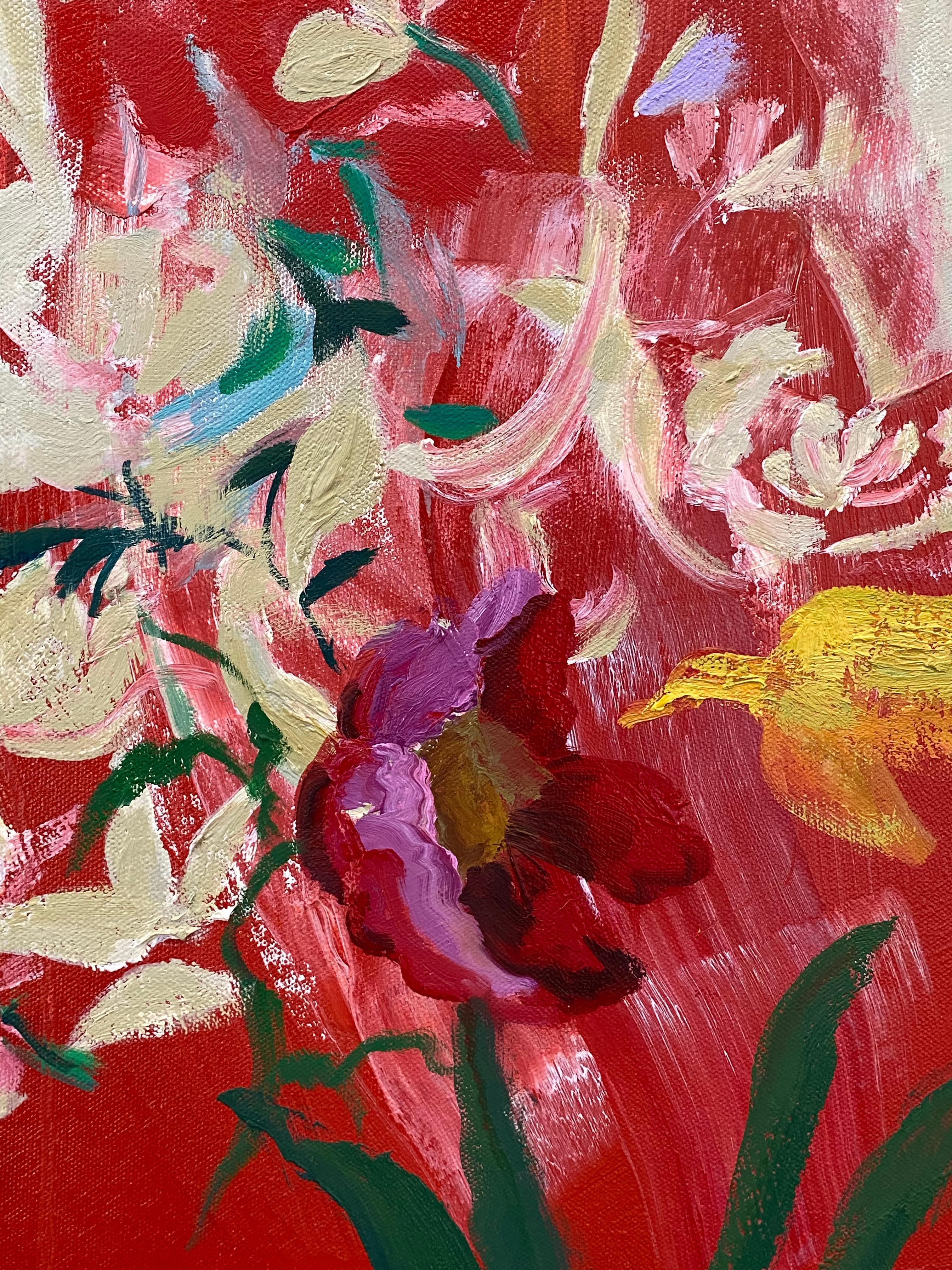 Seme di papavero - Fiori astratti botanici Greene & Greene Bird Red Orange Yellow White, 2022 - Abstract Painting Rosso di Melanie Parke