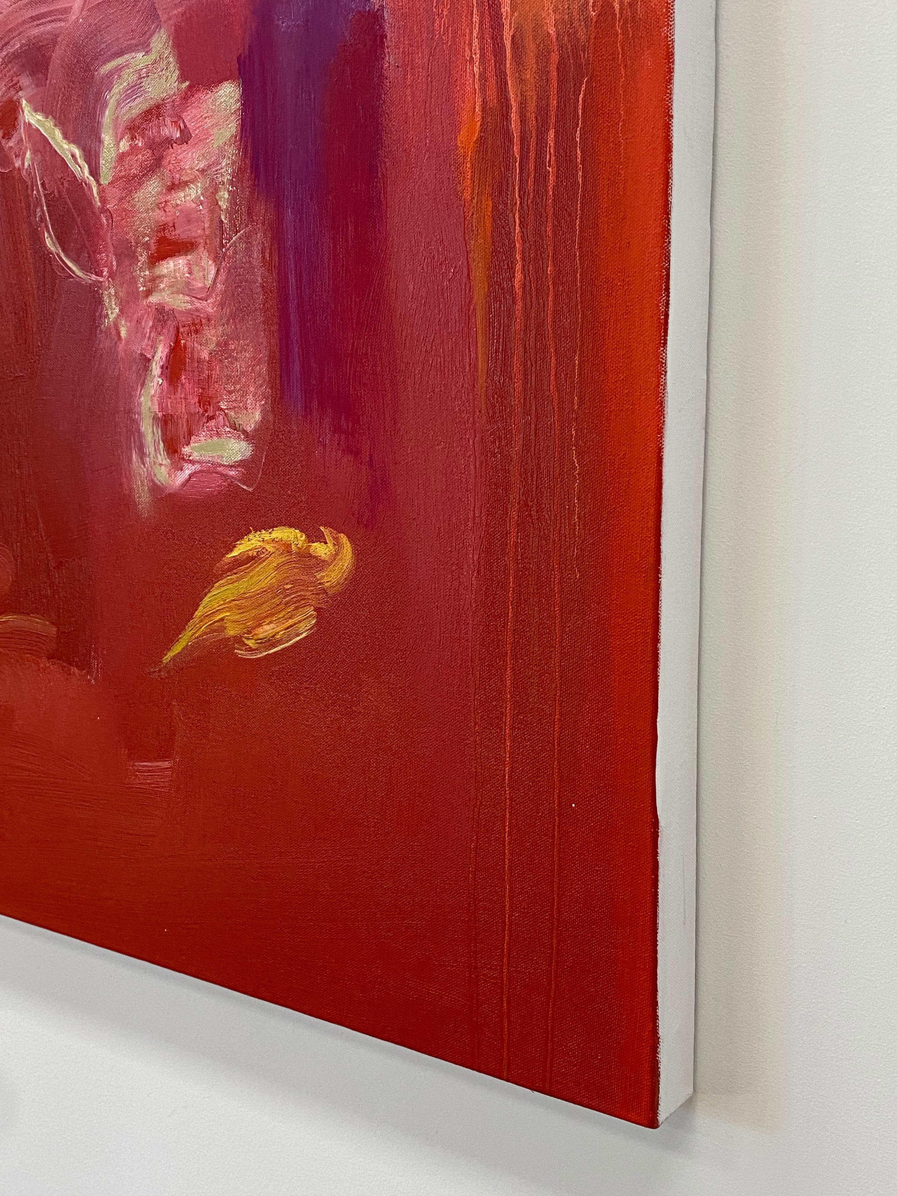 Peinture botanique abstraite oiseau coquelicot, rouge orange, vert jaune, violet en vente 8