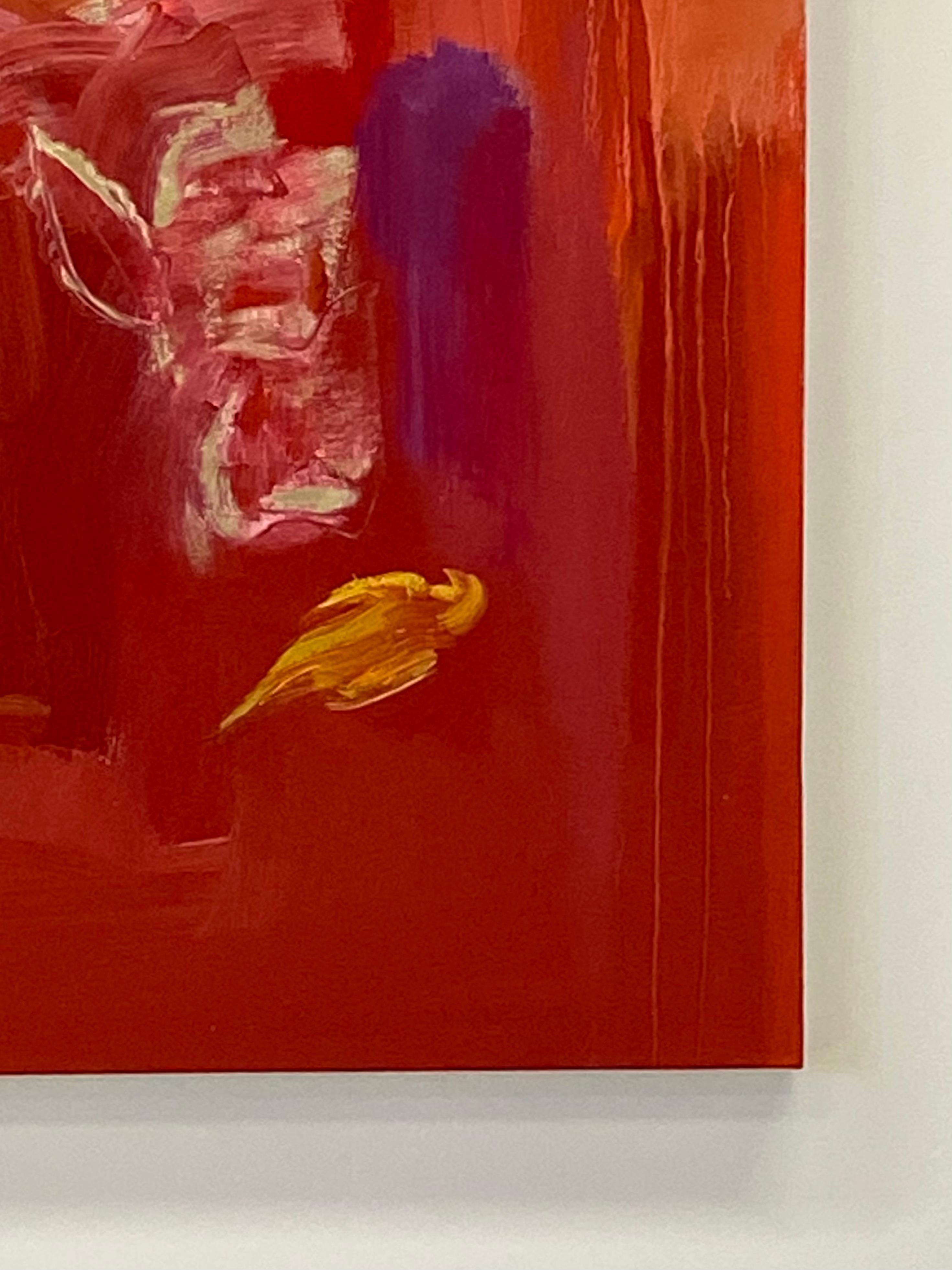 Peinture botanique abstraite oiseau coquelicot, rouge orange, vert jaune, violet en vente 9