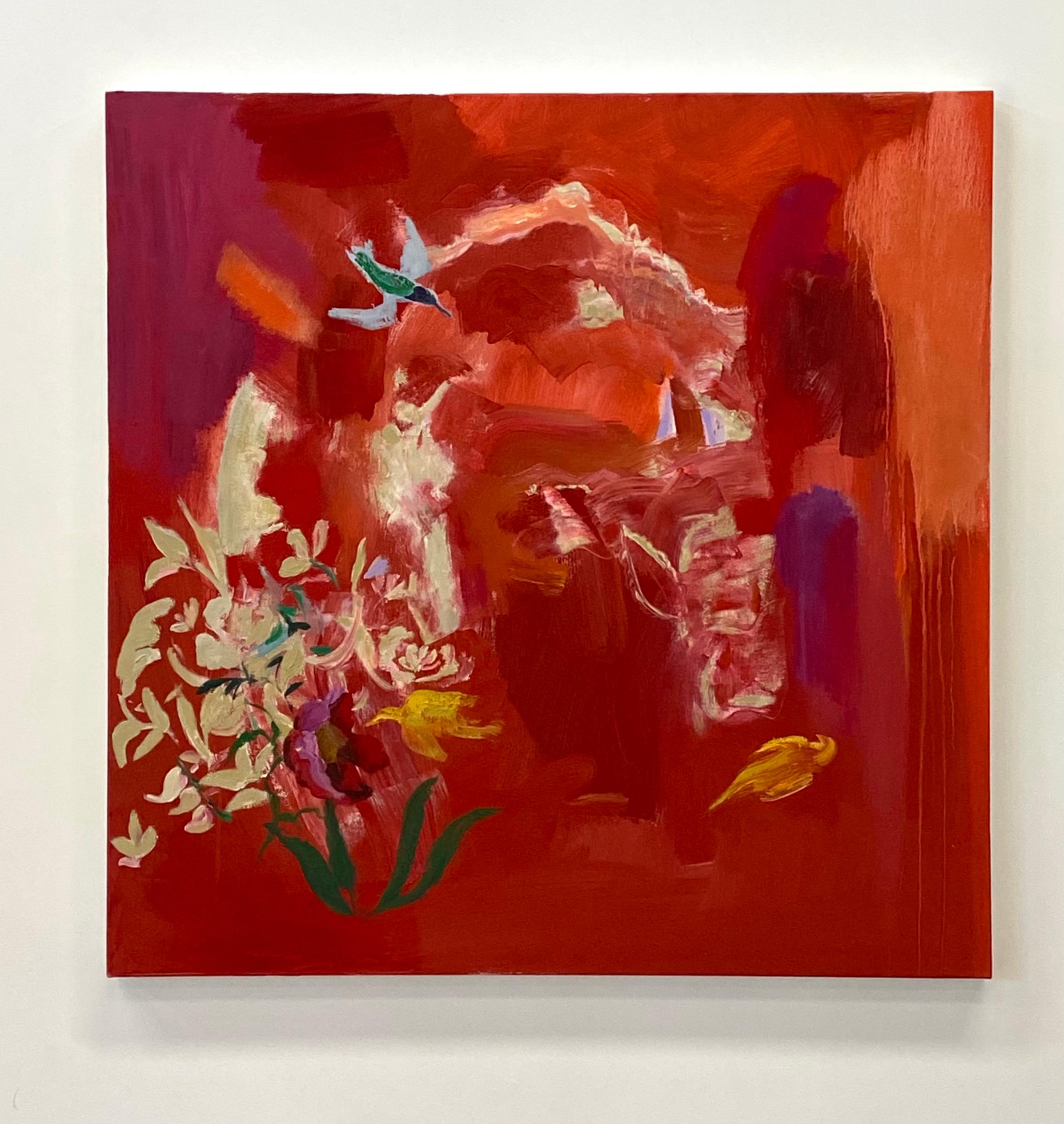 Lively abstract brushwork in bright yellow, white, purple and lush green against a dramatic crimson red orange background suggests flowers, botany and a bird. Signed, dated and titled on verso.

Pastoral and bucolic still life settings emerge from