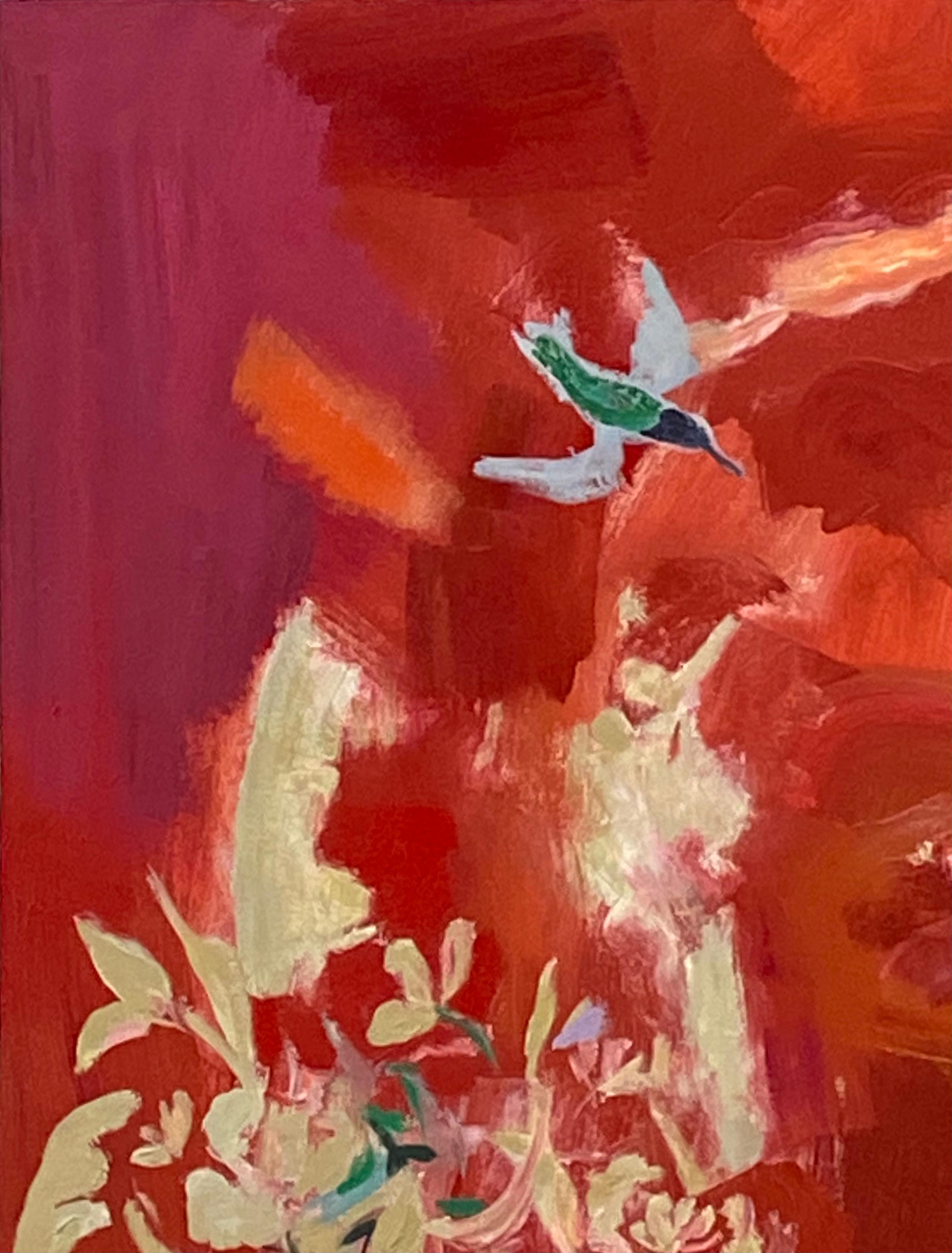 Peinture botanique abstraite oiseau coquelicot, rouge orange, vert jaune, violet en vente 2