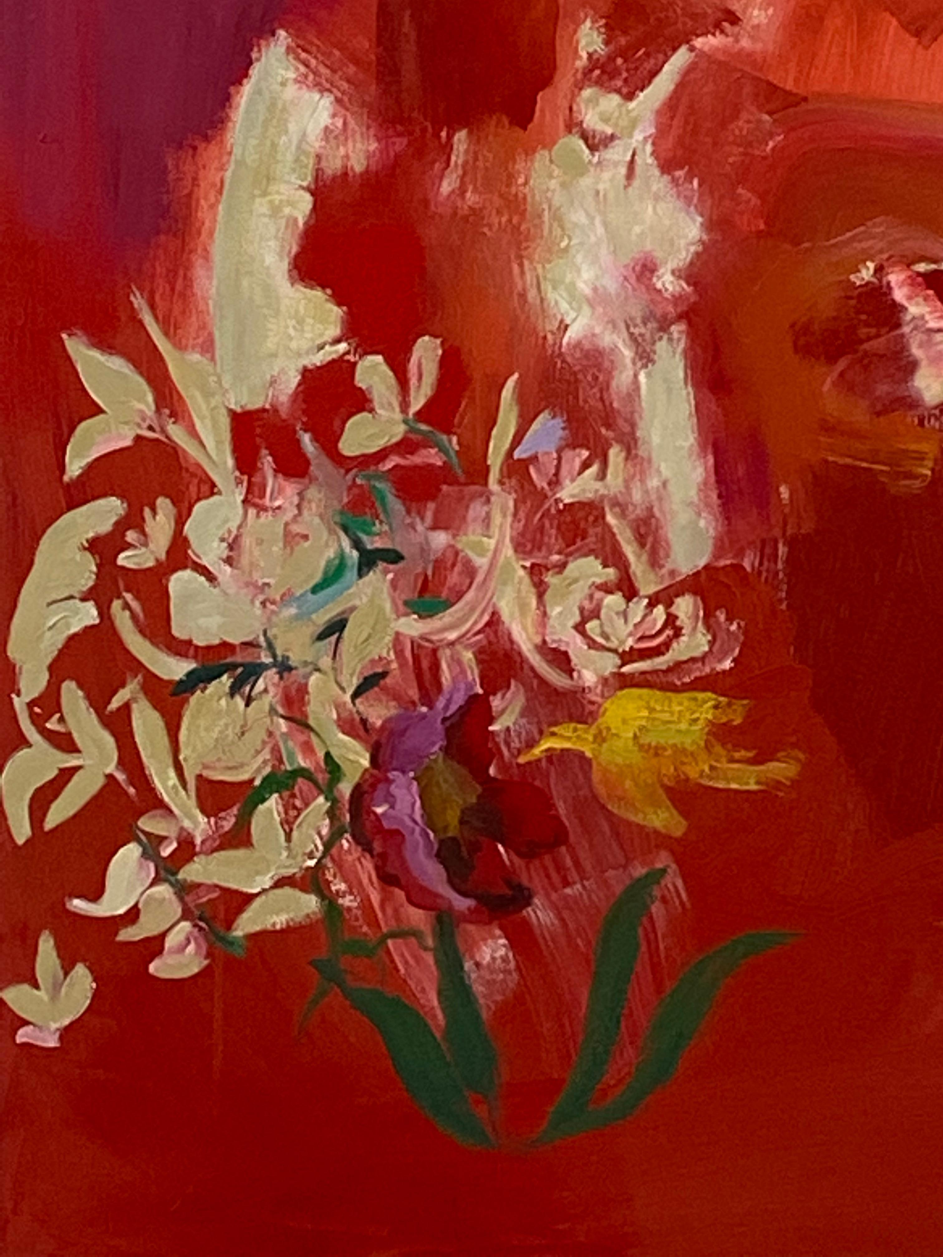 Peinture botanique abstraite oiseau coquelicot, rouge orange, vert jaune, violet en vente 4