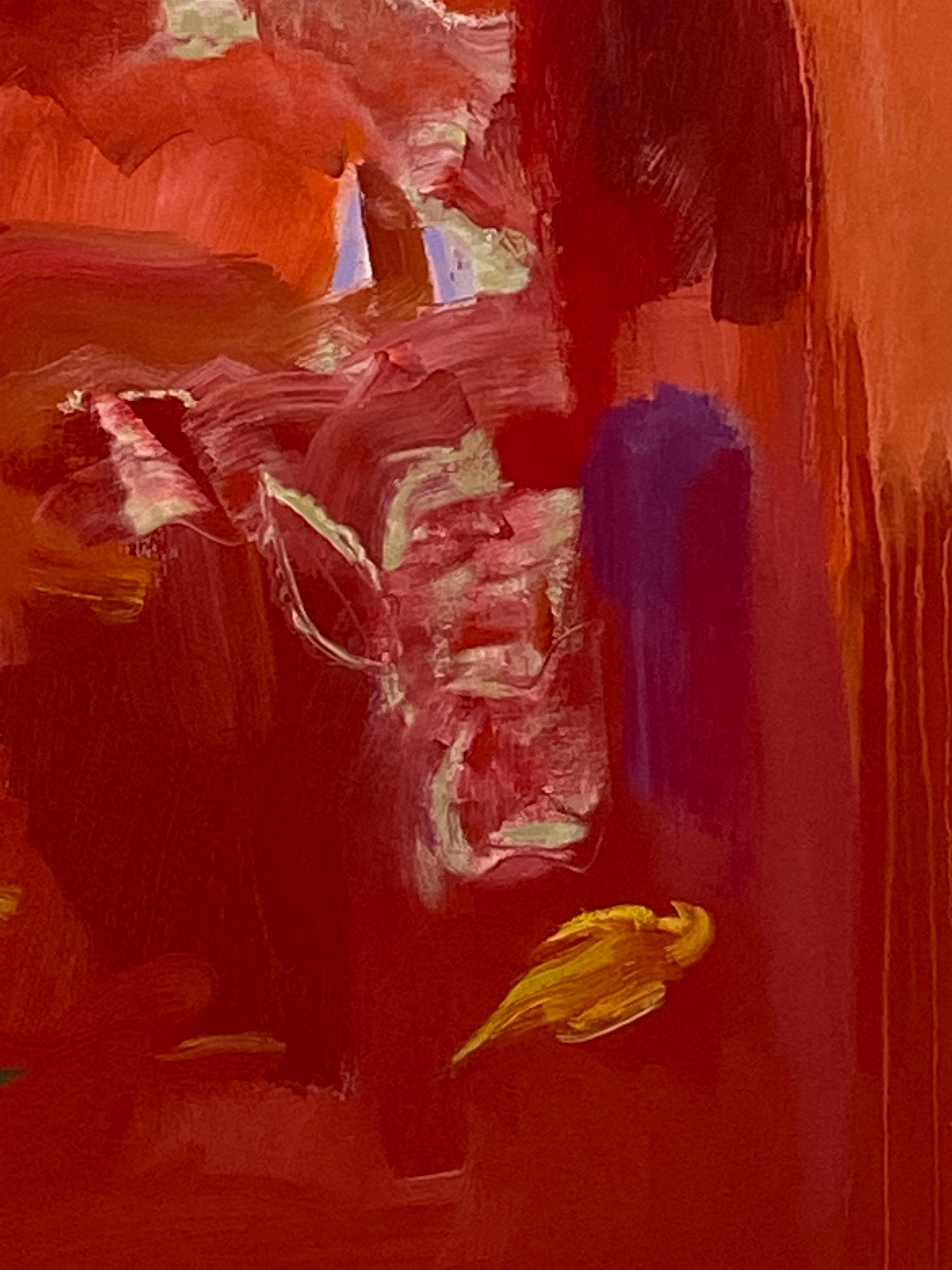 Peinture botanique abstraite oiseau coquelicot, rouge orange, vert jaune, violet en vente 5