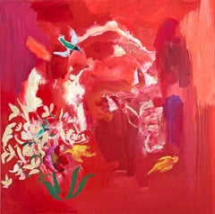 Poppy Seed, Red Orange, Green Yellow, Purple Abstract Botanical Painting, Bird