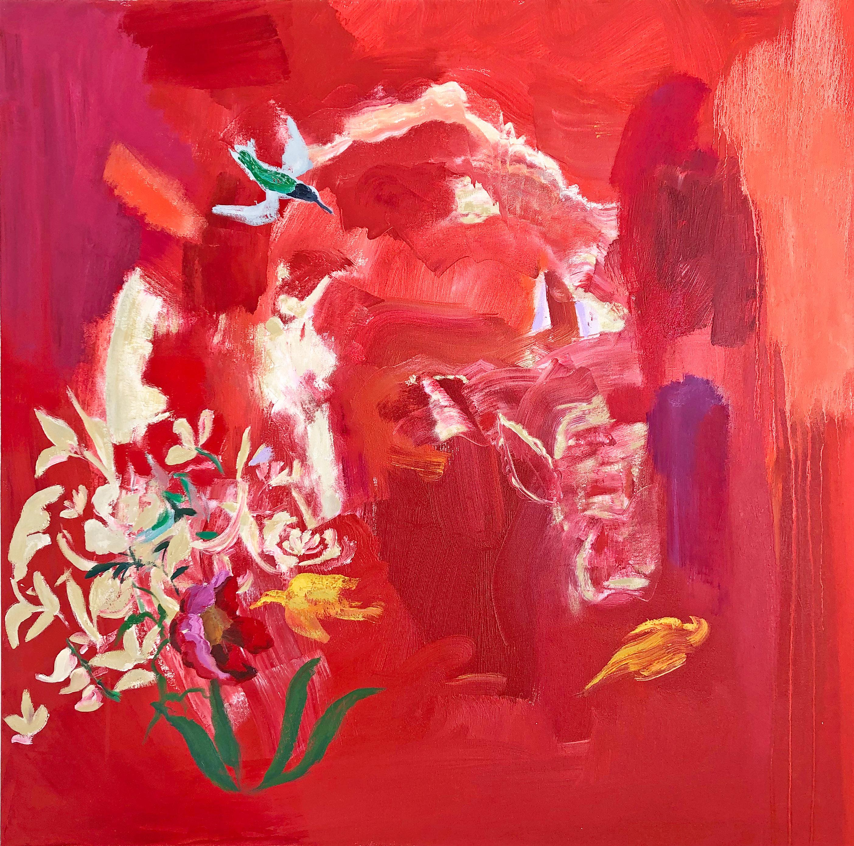 Abstract Painting Melanie Parke - Peinture botanique abstraite oiseau coquelicot, rouge orange, vert jaune, violet