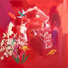 Peinture botanique abstraite oiseau coquelicot, rouge orange, vert jaune, violet